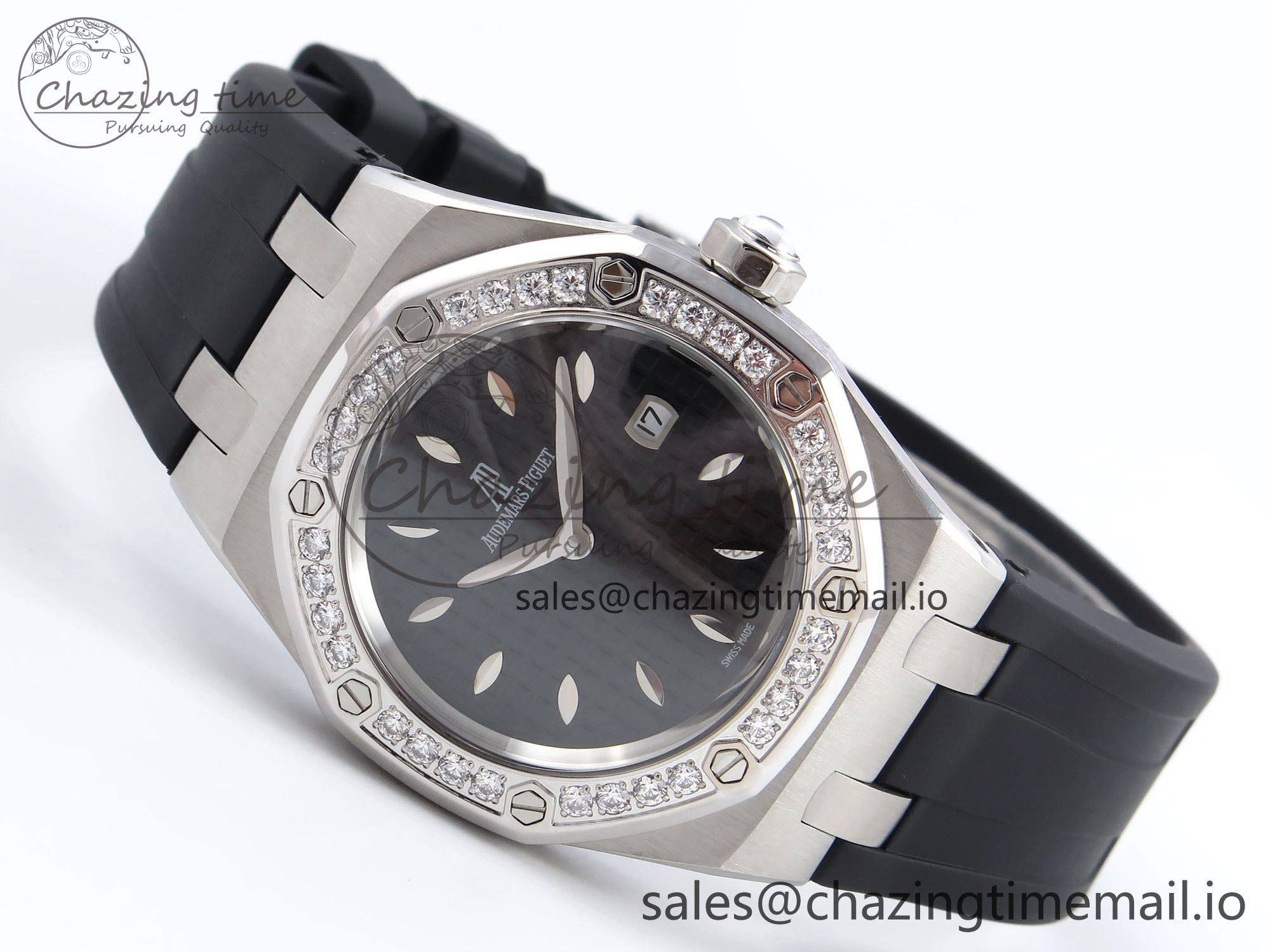 Royal Oak Offshore Ladies 33mm SS DRF Best Edition Black Dial Diamonds Bezel on Black Rubber Strap ETA Quartz