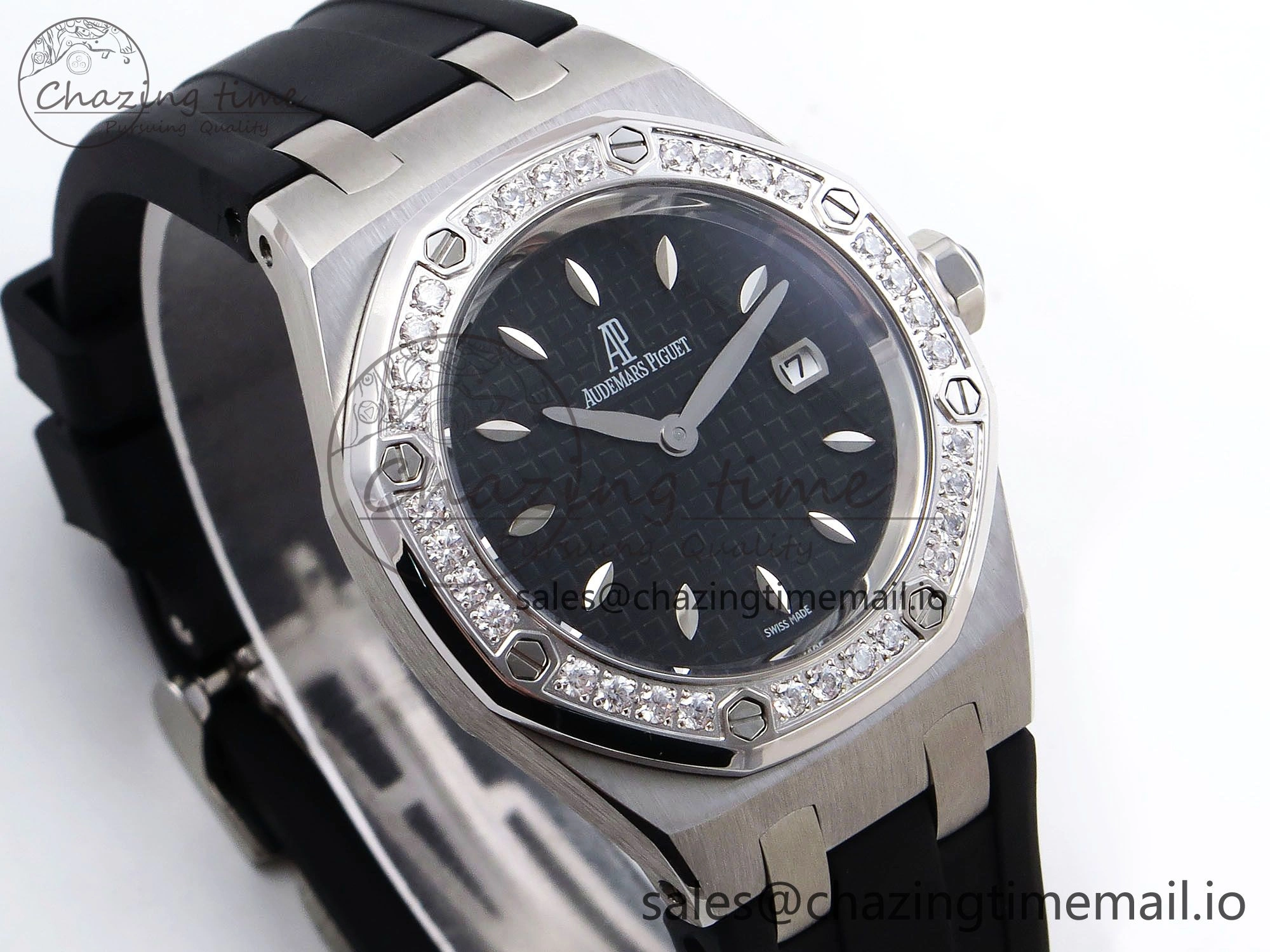 Royal Oak Offshore Ladies 33mm SS DRF Best Edition Black Dial Diamonds Bezel on Black Rubber Strap ETA Quartz