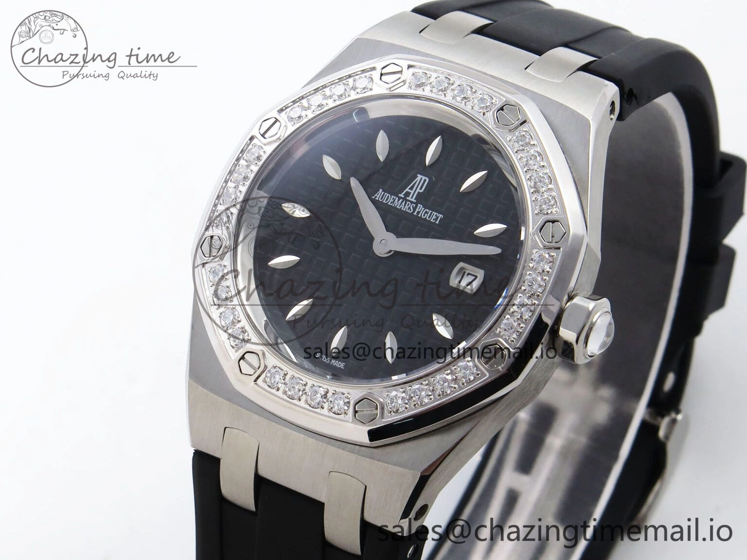 Royal Oak Offshore Ladies 33mm SS DRF Best Edition Black Dial Diamonds Bezel on Black Rubber Strap ETA Quartz
