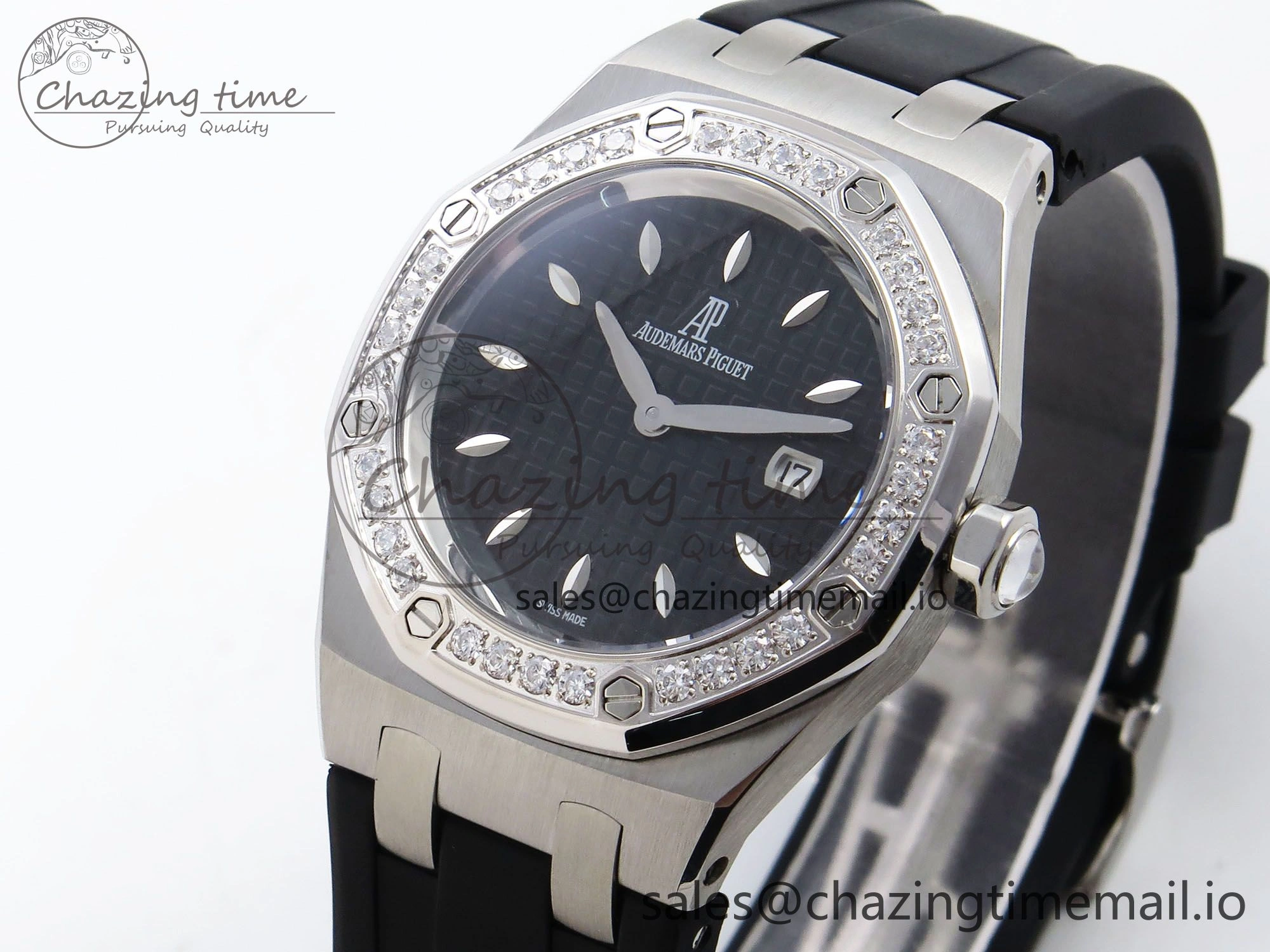 Royal Oak Offshore Ladies 33mm SS DRF Best Edition Black Dial Diamonds Bezel on Black Rubber Strap ETA Quartz