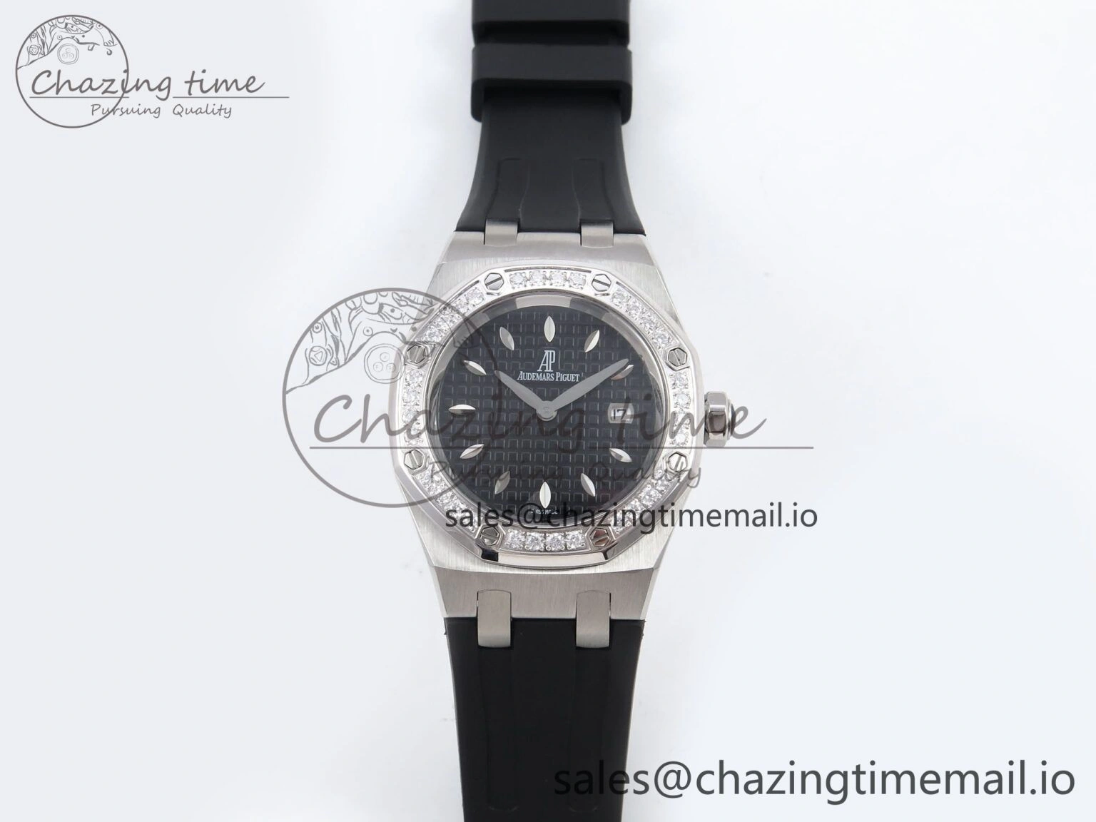 Royal Oak Offshore Ladies 33mm SS DRF Best Edition Black Dial Diamonds Bezel on Black Rubber Strap ETA Quartz