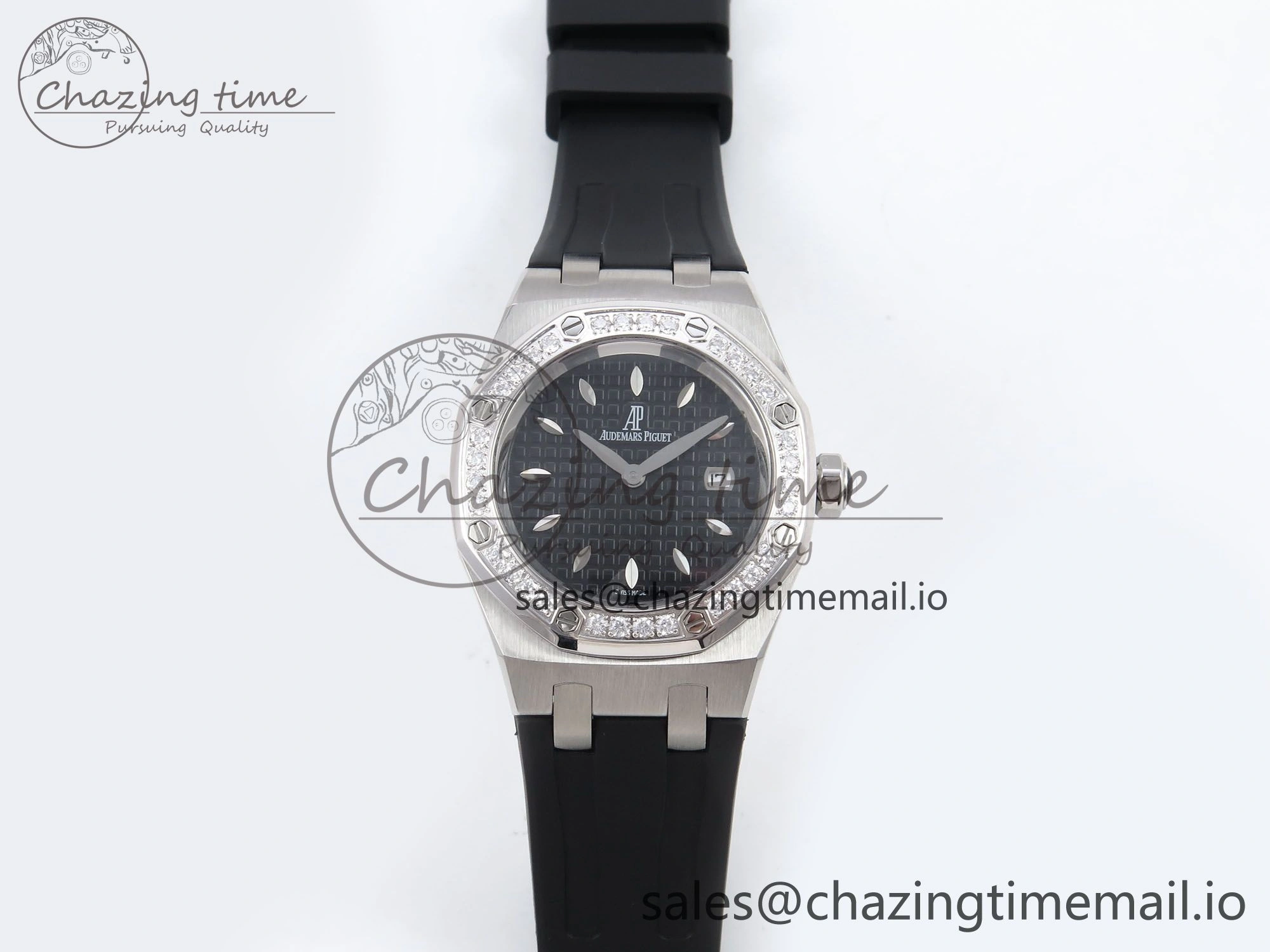 Royal Oak Offshore Ladies 33mm SS DRF Best Edition Black Dial Diamonds Bezel on Black Rubber Strap ETA Quartz