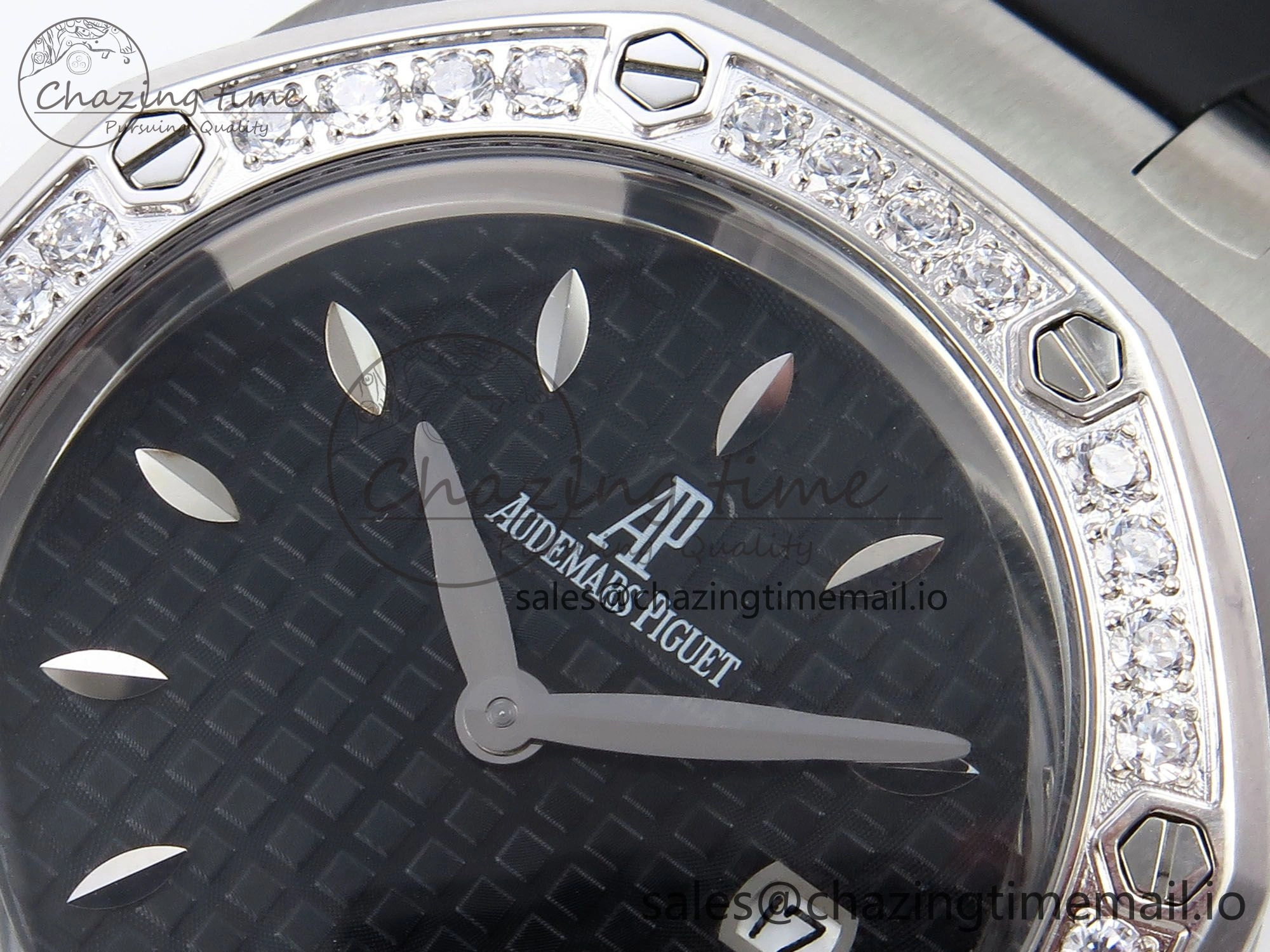 Royal Oak Offshore Ladies 33mm SS DRF Best Edition Black Dial Diamonds Bezel on Black Rubber Strap ETA Quartz