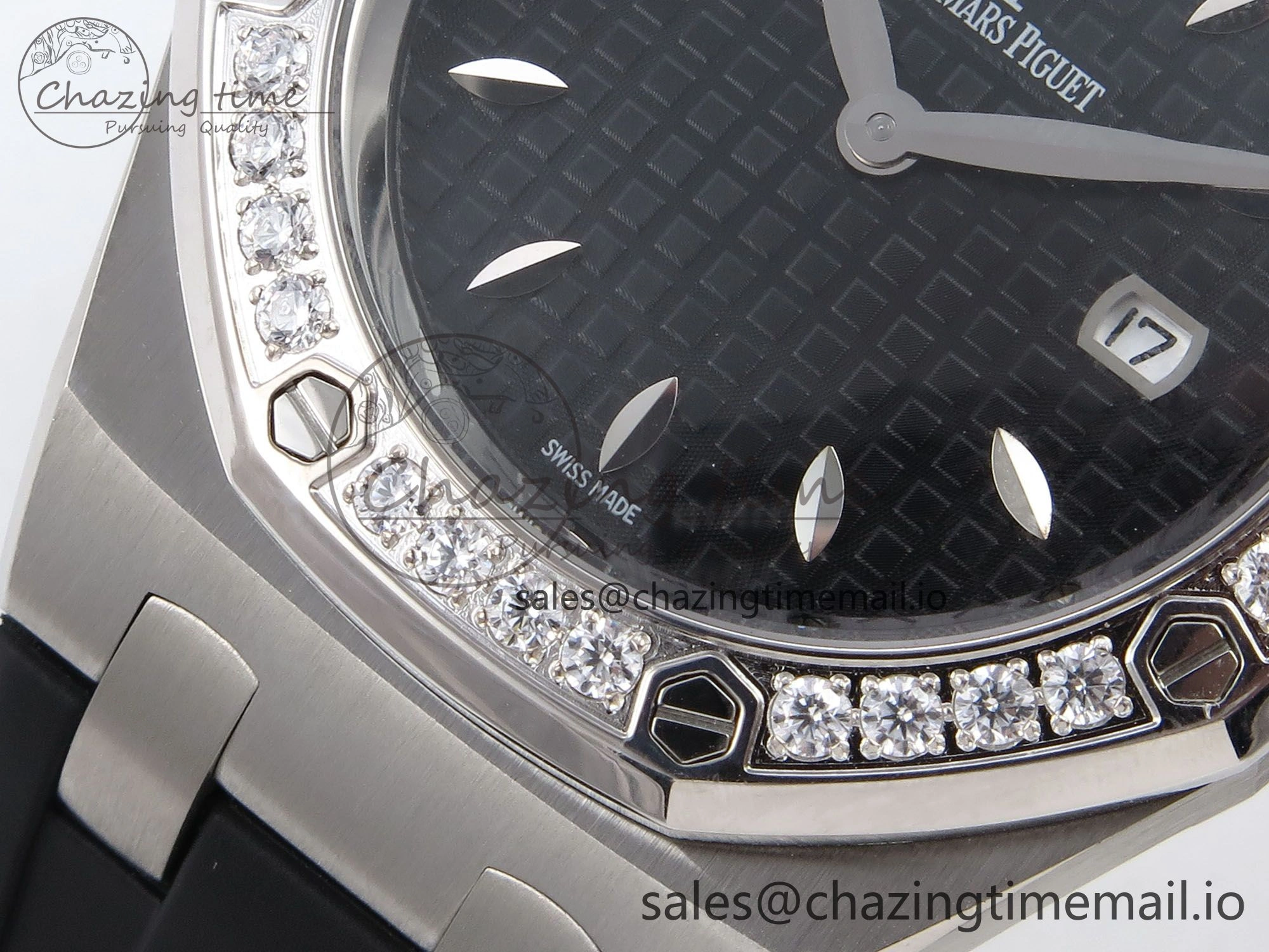 Royal Oak Offshore Ladies 33mm SS DRF Best Edition Black Dial Diamonds Bezel on Black Rubber Strap ETA Quartz