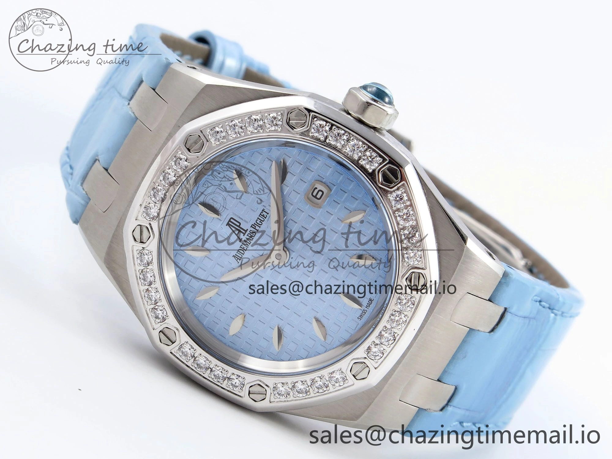 Royal Oak Offshore Ladies 33mm SS DRF Best Edition Blue Dial Diamonds Bezel on Blue Leather Strap ETA Quartz