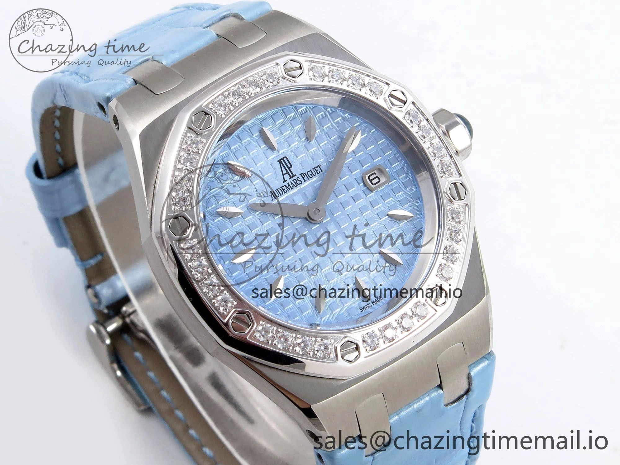 Royal Oak Offshore Ladies 33mm SS DRF Best Edition Blue Dial Diamonds Bezel on Blue Leather Strap ETA Quartz