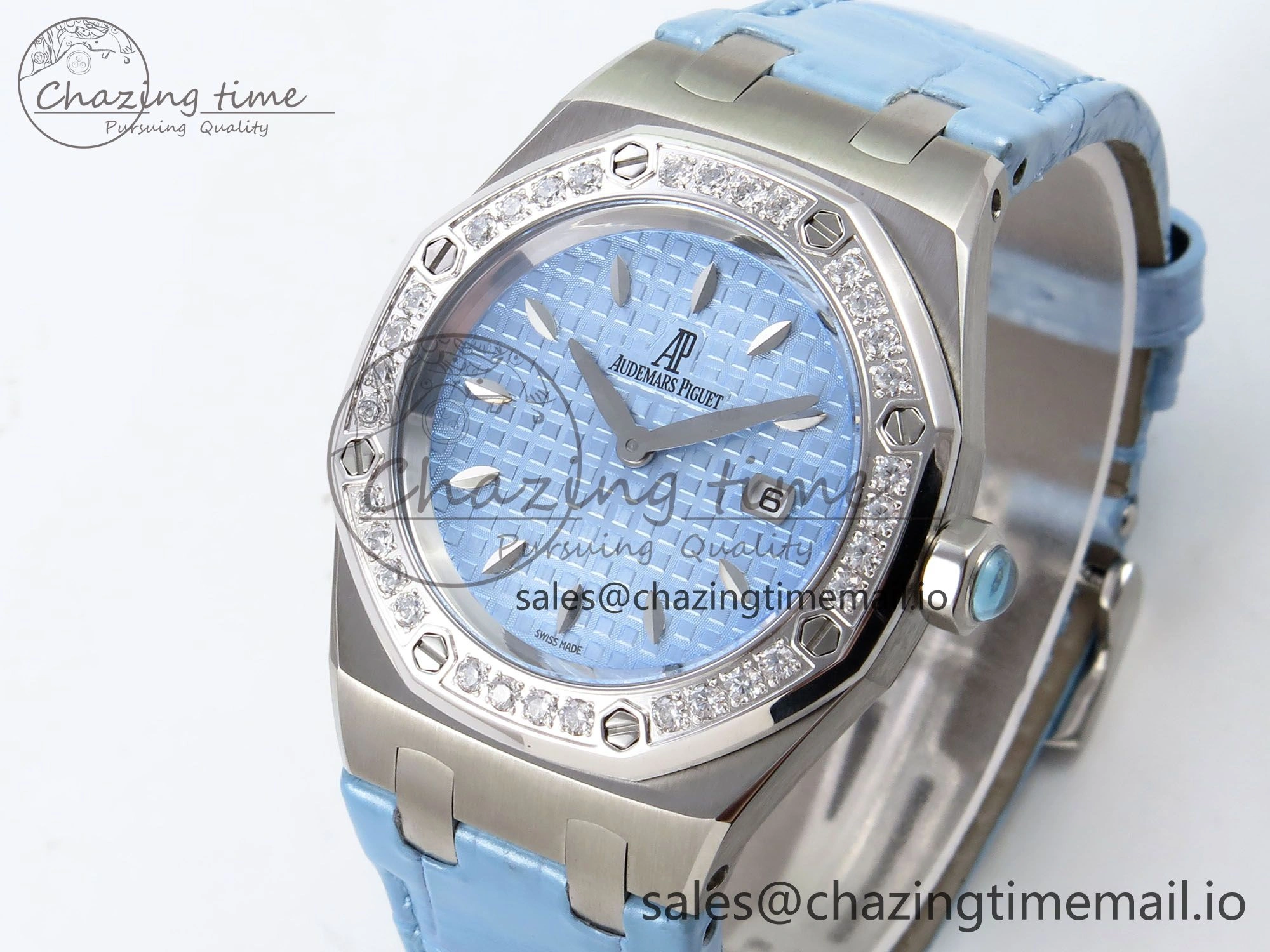 Royal Oak Offshore Ladies 33mm SS DRF Best Edition Blue Dial Diamonds Bezel on Blue Leather Strap ETA Quartz