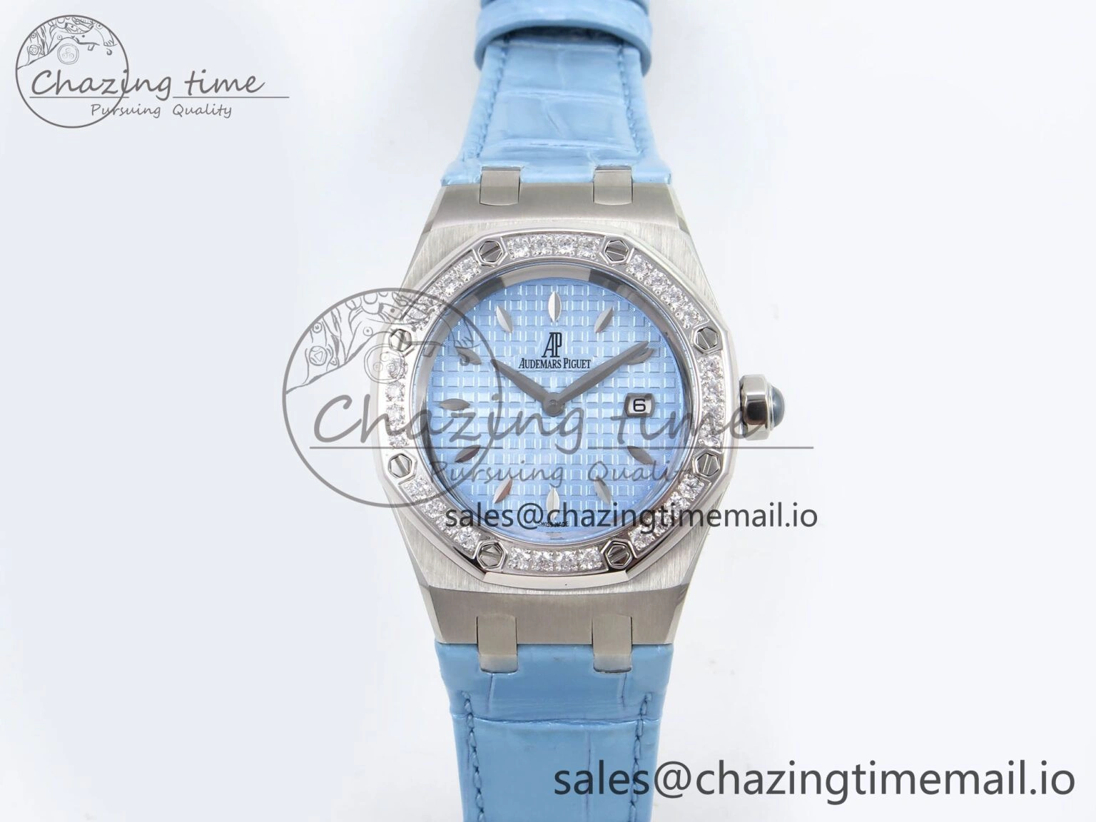 Royal Oak Offshore Ladies 33mm SS DRF Best Edition Blue Dial Diamonds Bezel on Blue Leather Strap ETA Quartz
