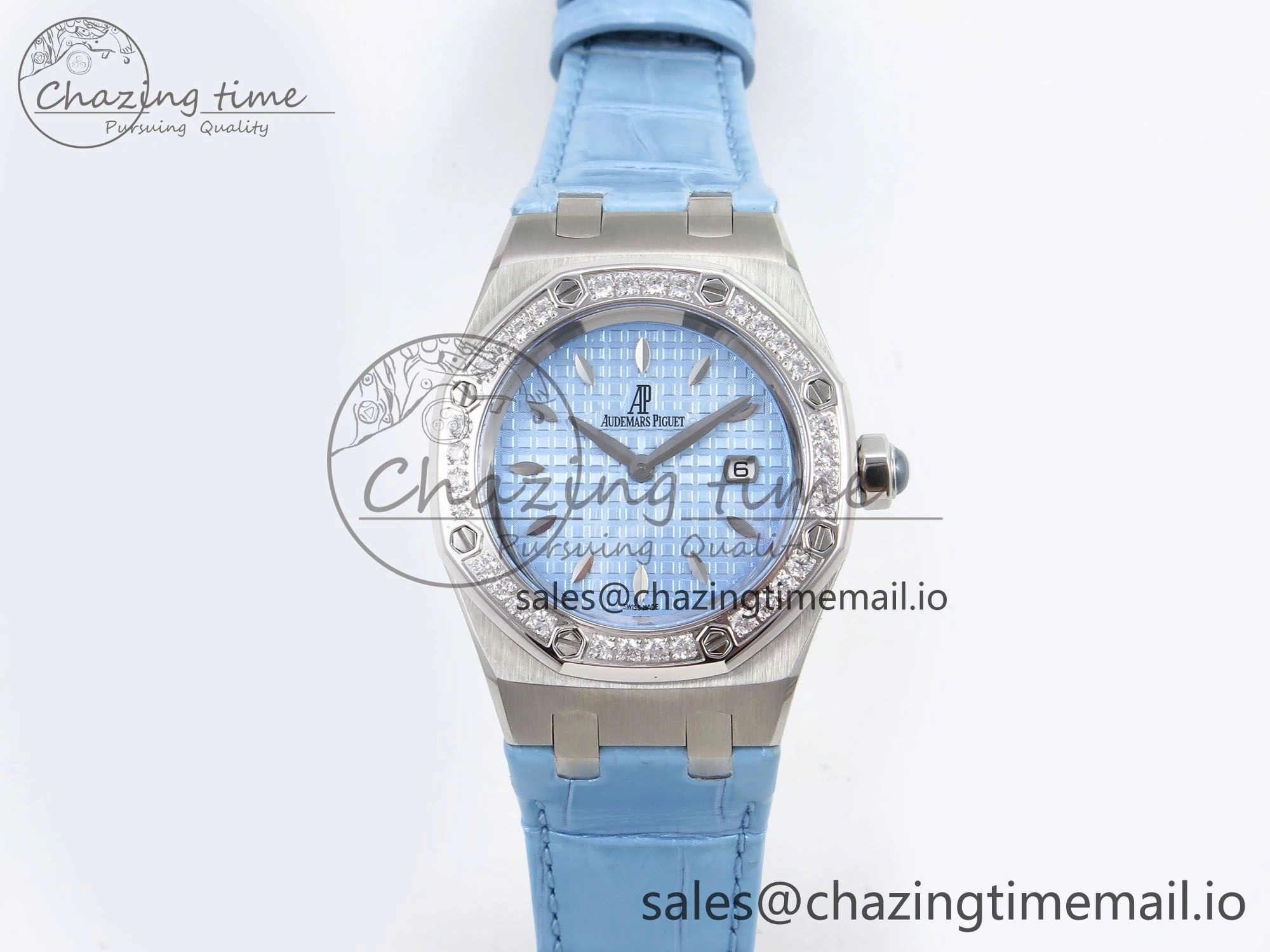 Royal Oak Offshore Ladies 33mm SS DRF Best Edition Blue Dial Diamonds Bezel on Blue Leather Strap ETA Quartz