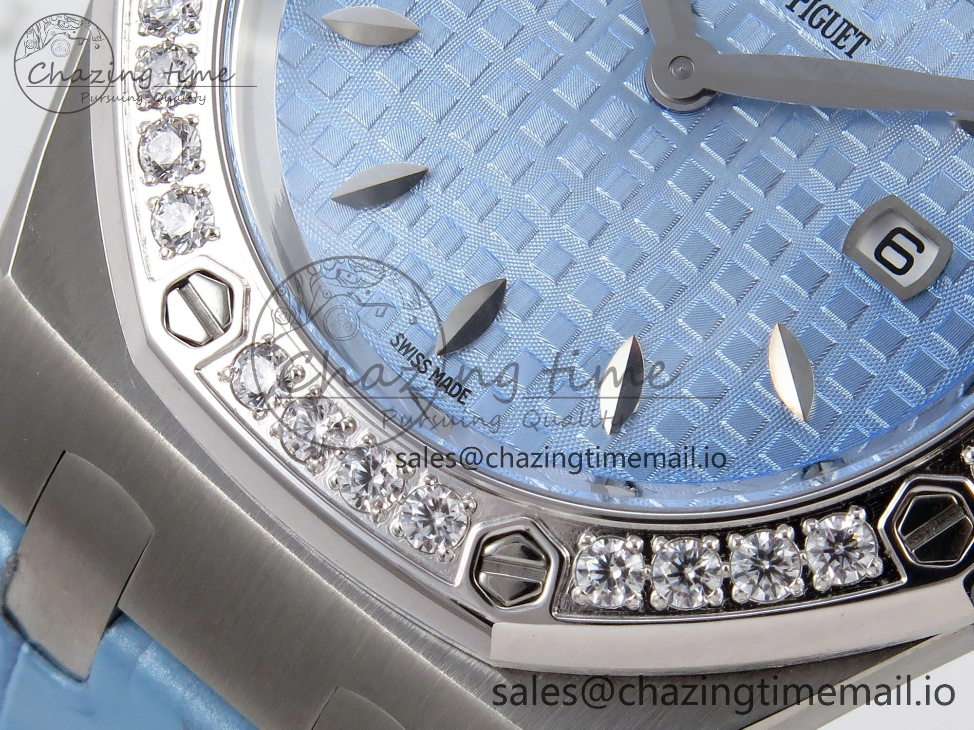 Royal Oak Offshore Ladies 33mm SS DRF Best Edition Blue Dial Diamonds Bezel on Blue Leather Strap ETA Quartz