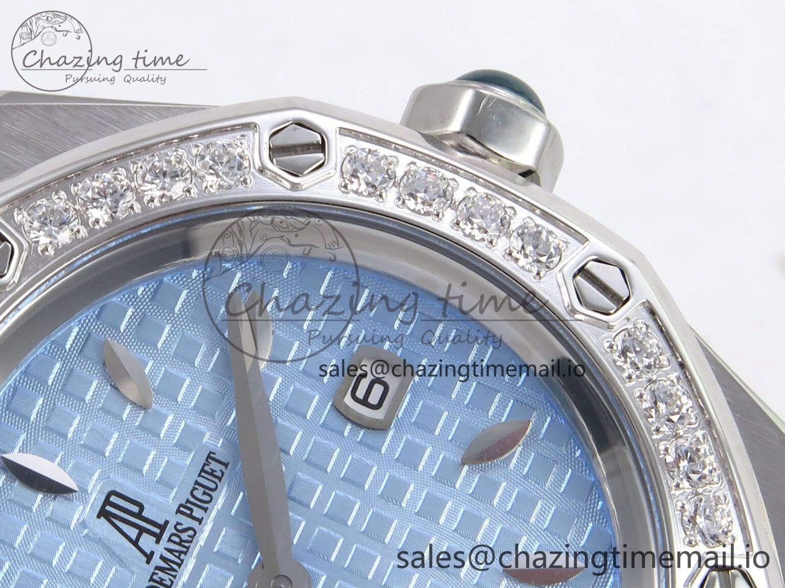 Royal Oak Offshore Ladies 33mm SS DRF Best Edition Blue Dial Diamonds Bezel on Blue Leather Strap ETA Quartz