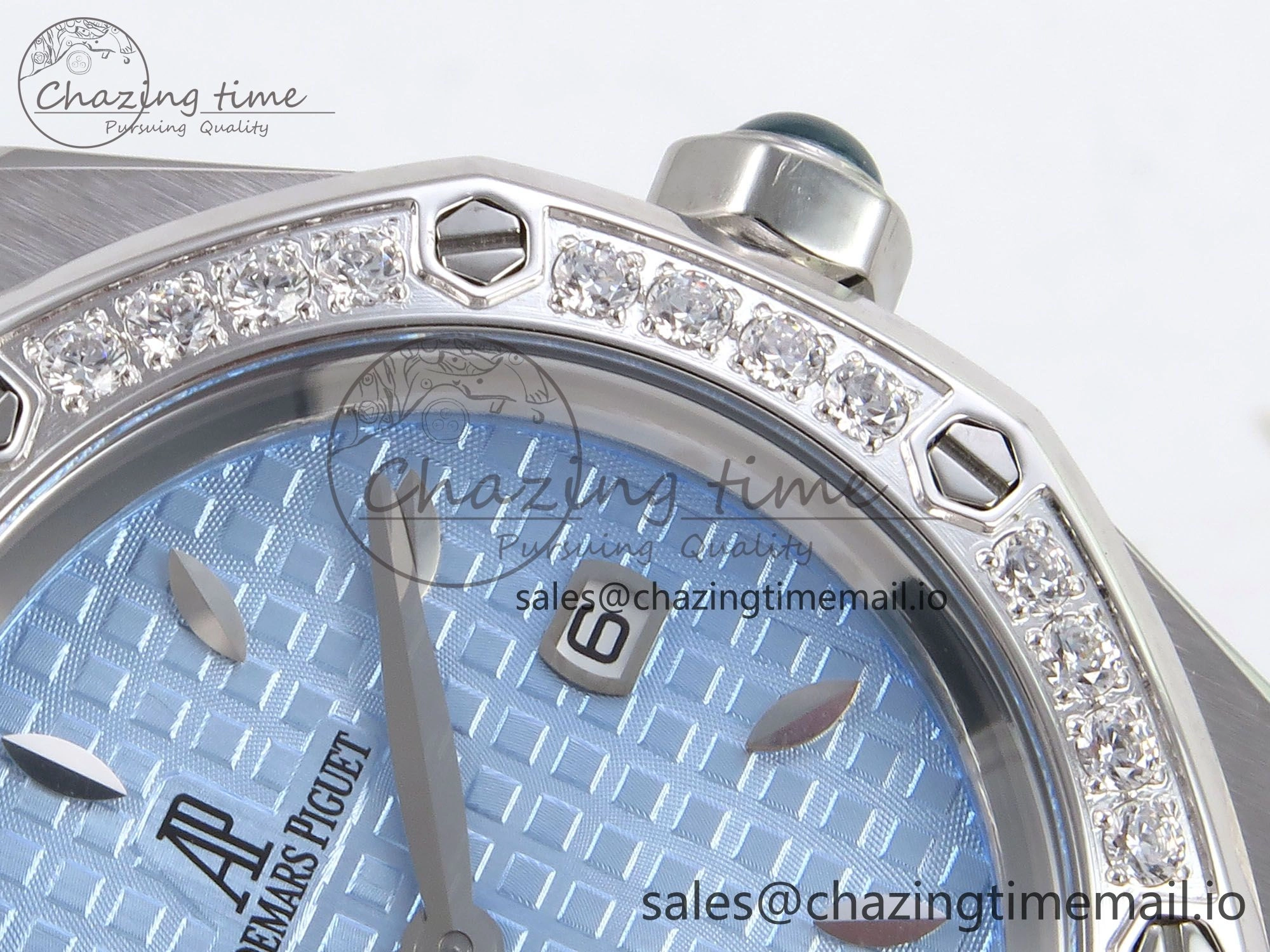 Royal Oak Offshore Ladies 33mm SS DRF Best Edition Blue Dial Diamonds Bezel on Blue Leather Strap ETA Quartz