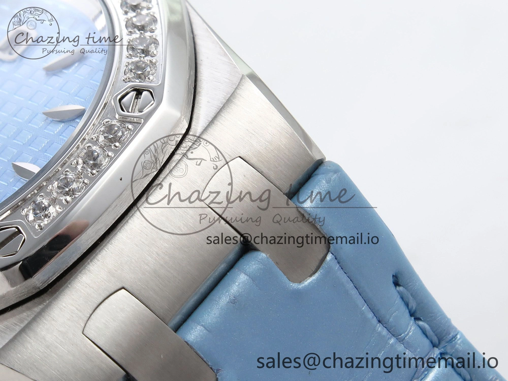 Royal Oak Offshore Ladies 33mm SS DRF Best Edition Blue Dial Diamonds Bezel on Blue Leather Strap ETA Quartz
