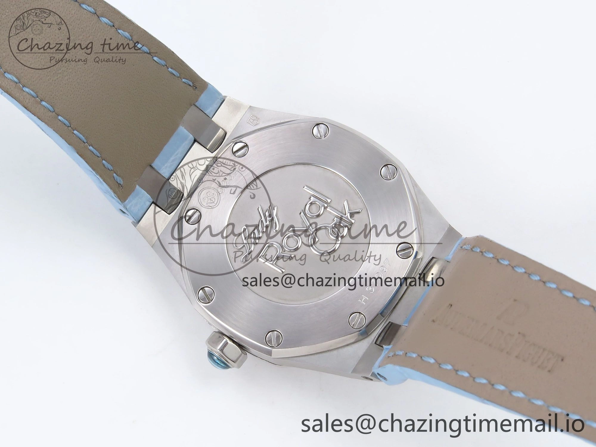 Royal Oak Offshore Ladies 33mm SS DRF Best Edition Blue Dial Diamonds Bezel on Blue Leather Strap ETA Quartz