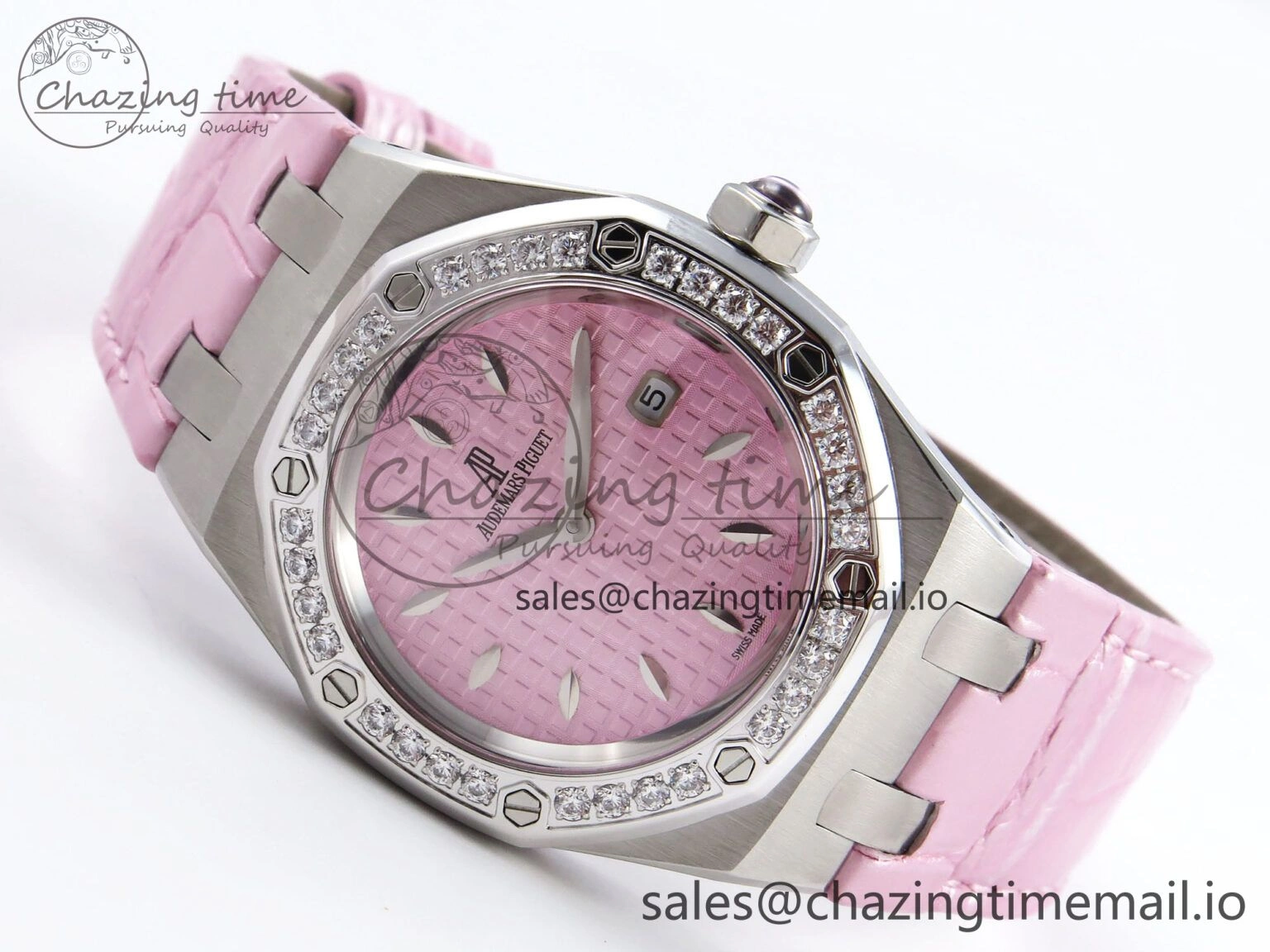 Royal Oak Offshore Ladies 33mm SS DRF Best Edition Pink Dial Diamonds Bezel on Pink Leather Strap ETA Quartz