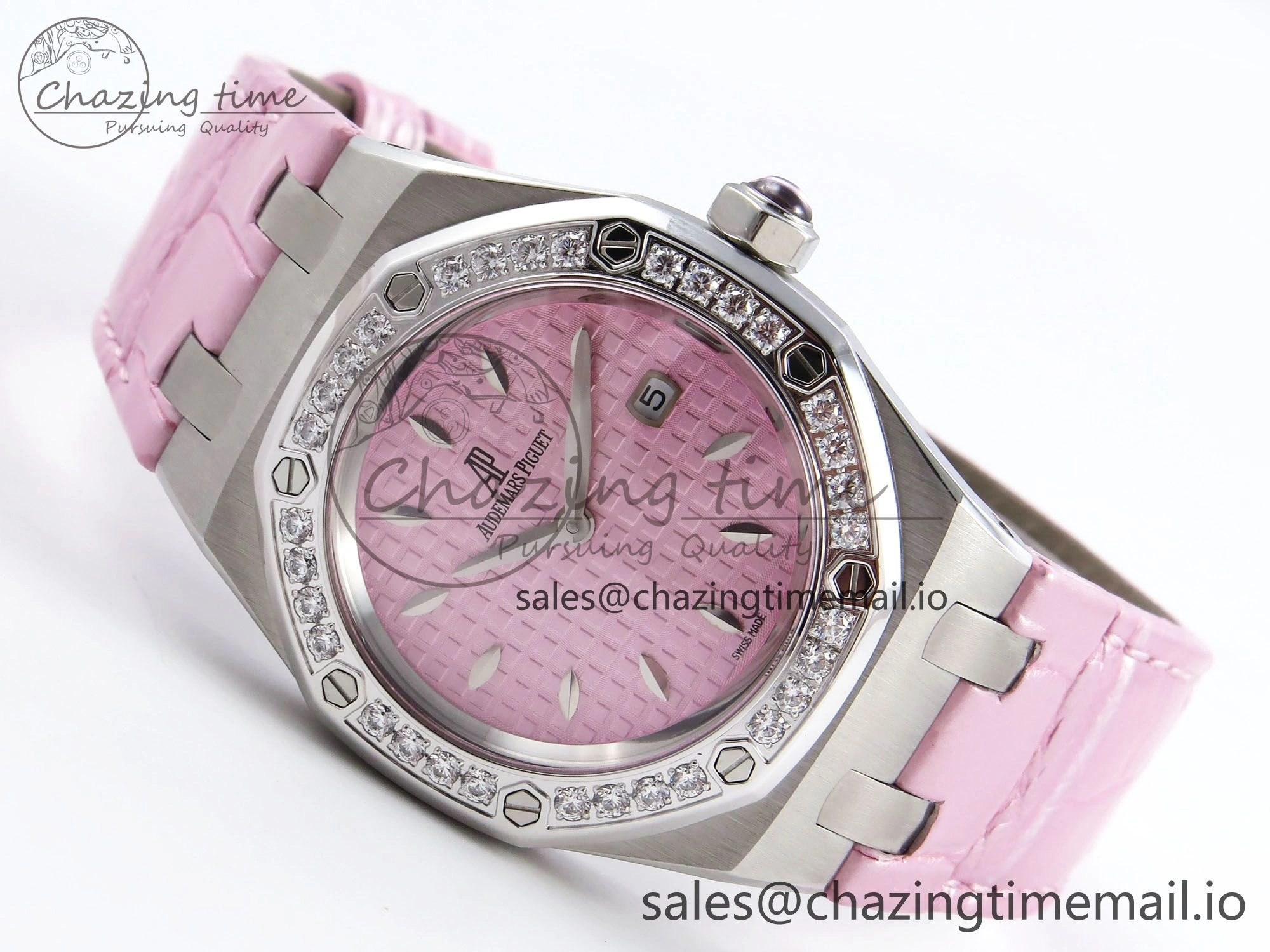 Royal Oak Offshore Ladies 33mm SS DRF Best Edition Pink Dial Diamonds Bezel on Pink Leather Strap ETA Quartz