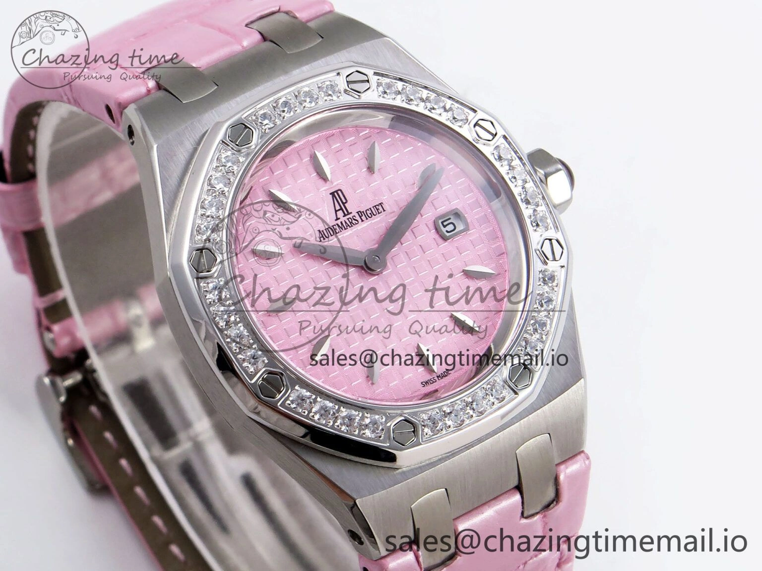 Royal Oak Offshore Ladies 33mm SS DRF Best Edition Pink Dial Diamonds Bezel on Pink Leather Strap ETA Quartz