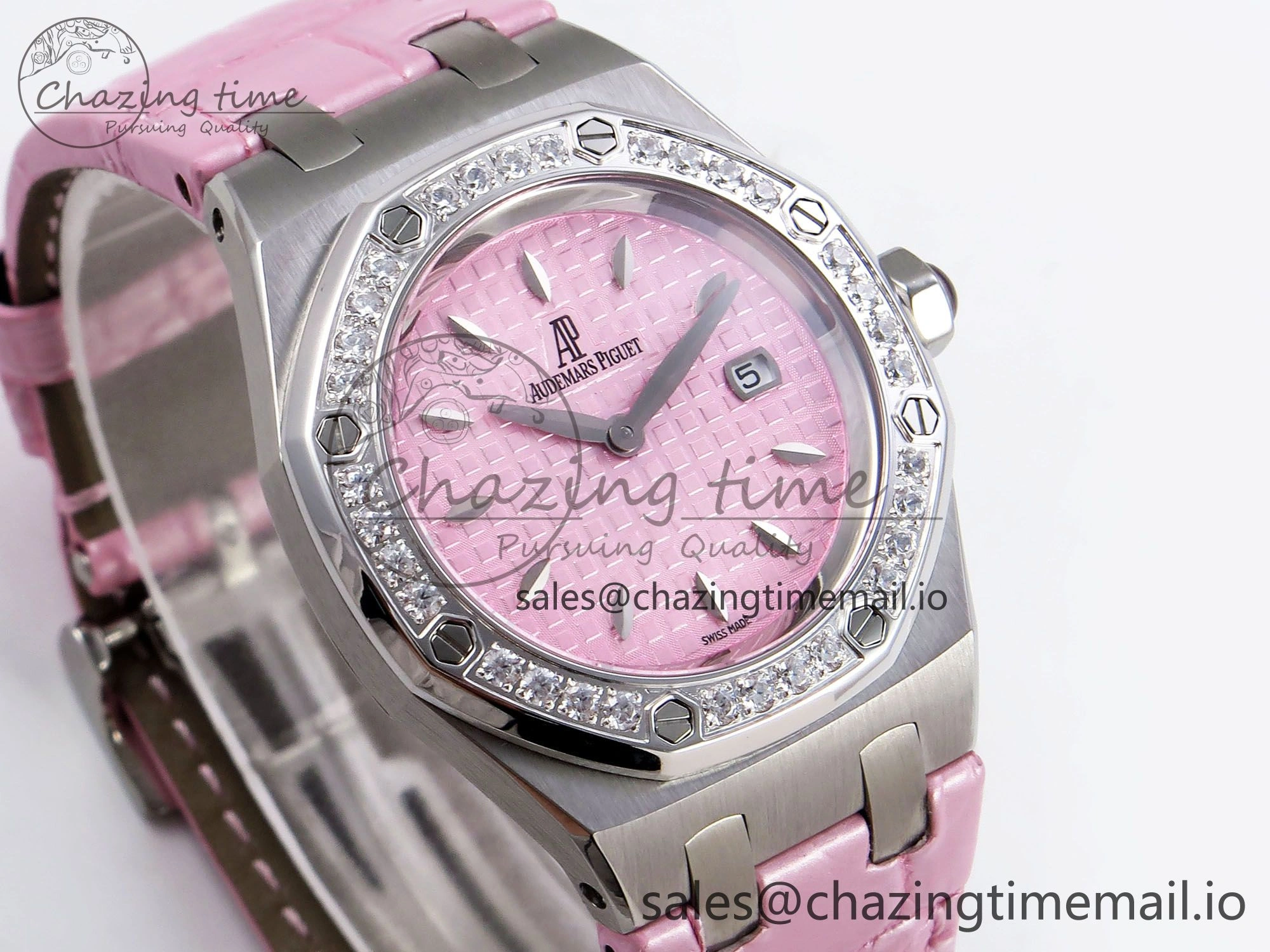 Royal Oak Offshore Ladies 33mm SS DRF Best Edition Pink Dial Diamonds Bezel on Pink Leather Strap ETA Quartz