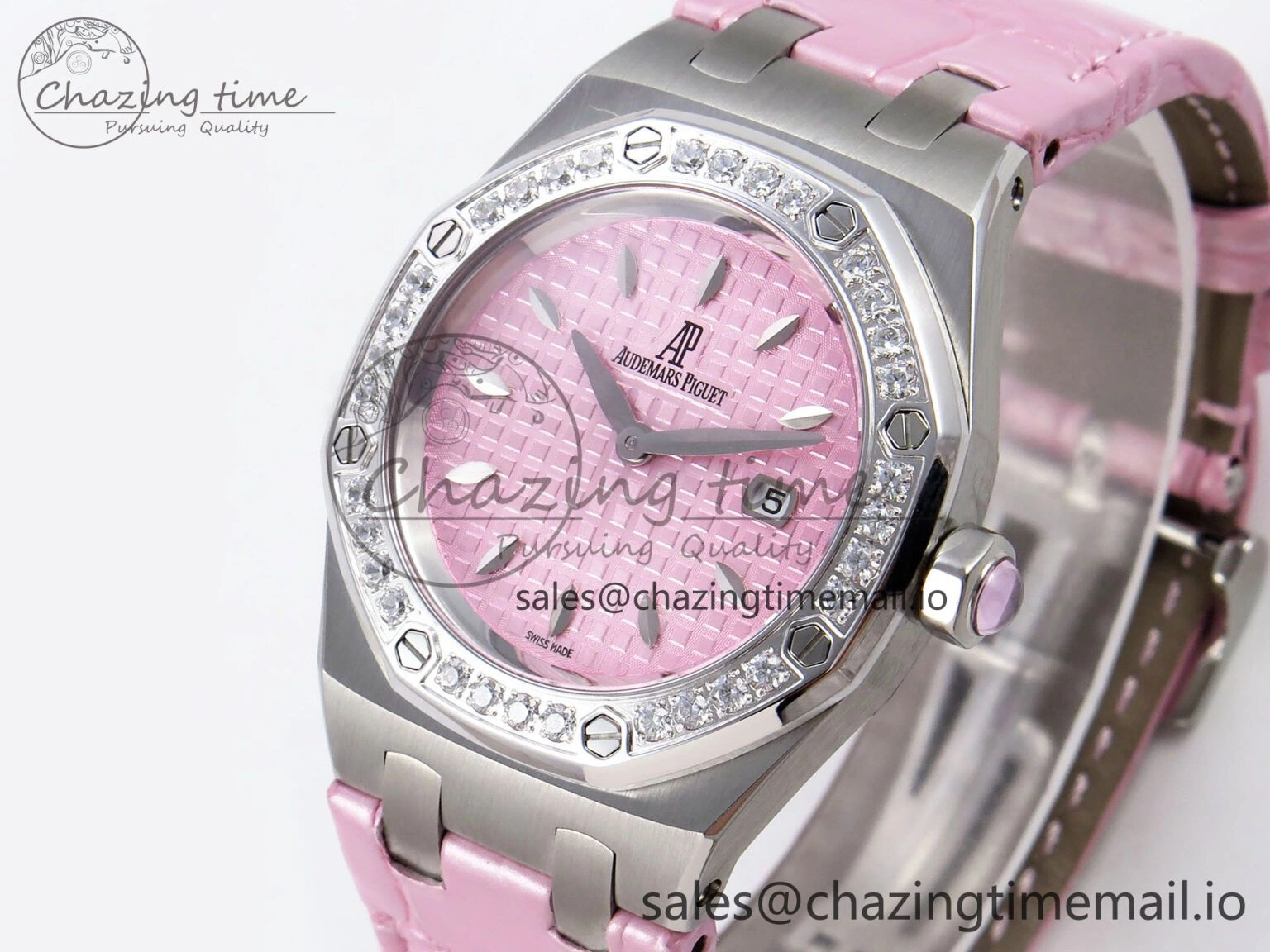 Royal Oak Offshore Ladies 33mm SS DRF Best Edition Pink Dial Diamonds Bezel on Pink Leather Strap ETA Quartz