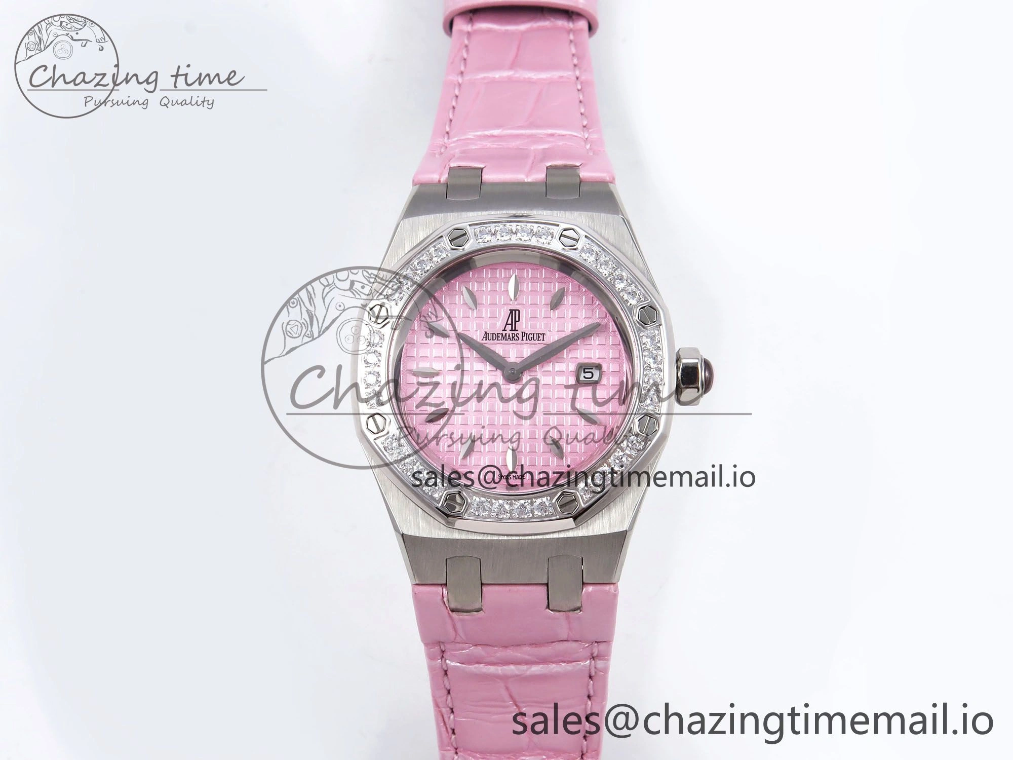 Royal Oak Offshore Ladies 33mm SS DRF Best Edition Pink Dial Diamonds Bezel on Pink Leather Strap ETA Quartz