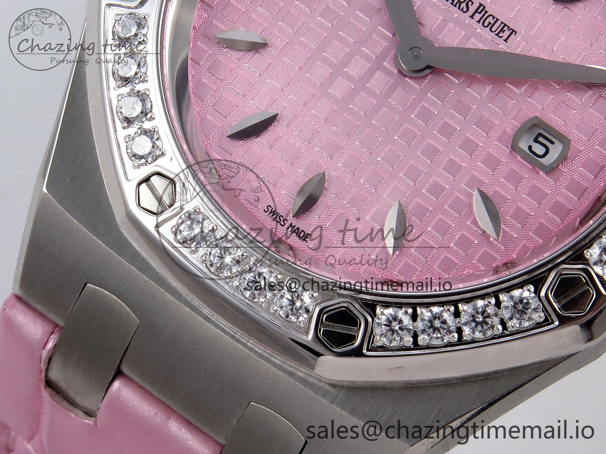 Royal Oak Offshore Ladies 33mm SS DRF Best Edition Pink Dial Diamonds Bezel on Pink Leather Strap ETA Quartz
