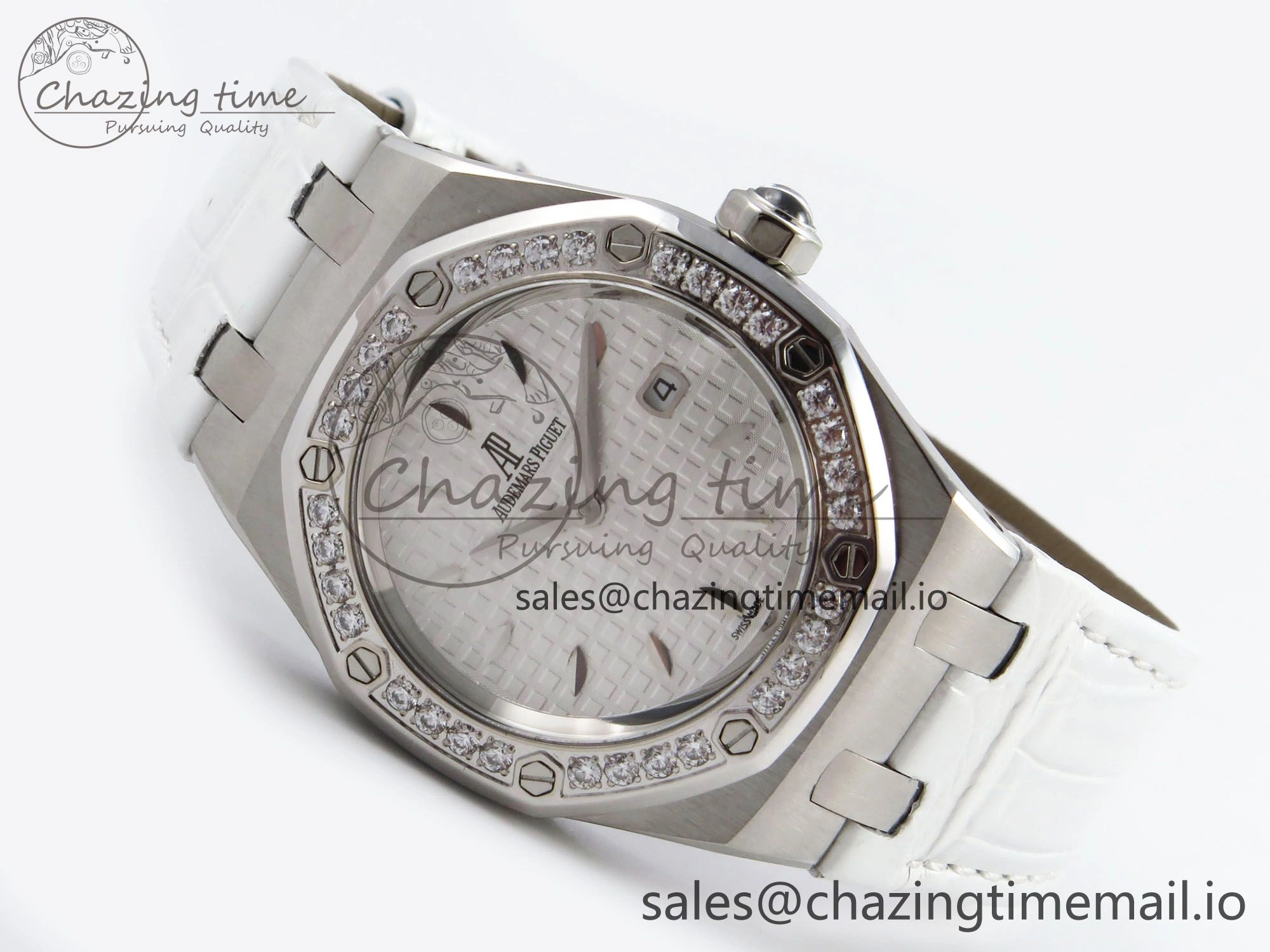 Royal Oak Offshore Ladies 33mm SS DRF Best Edition White Dial Diamonds Bezel on White Leather Strap ETA Quartz