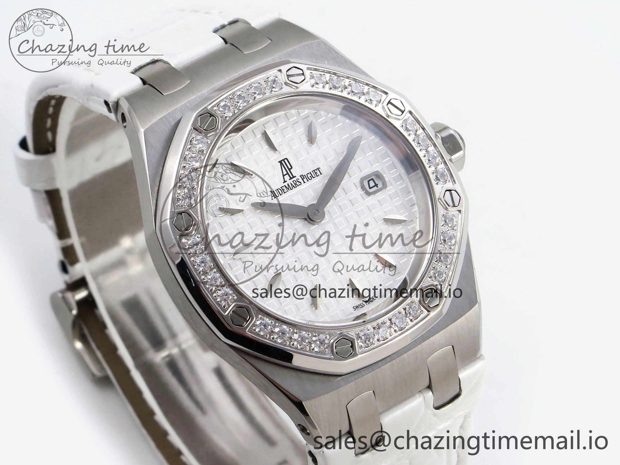 Royal Oak Offshore Ladies 33mm SS DRF Best Edition White Dial Diamonds Bezel on White Leather Strap ETA Quartz