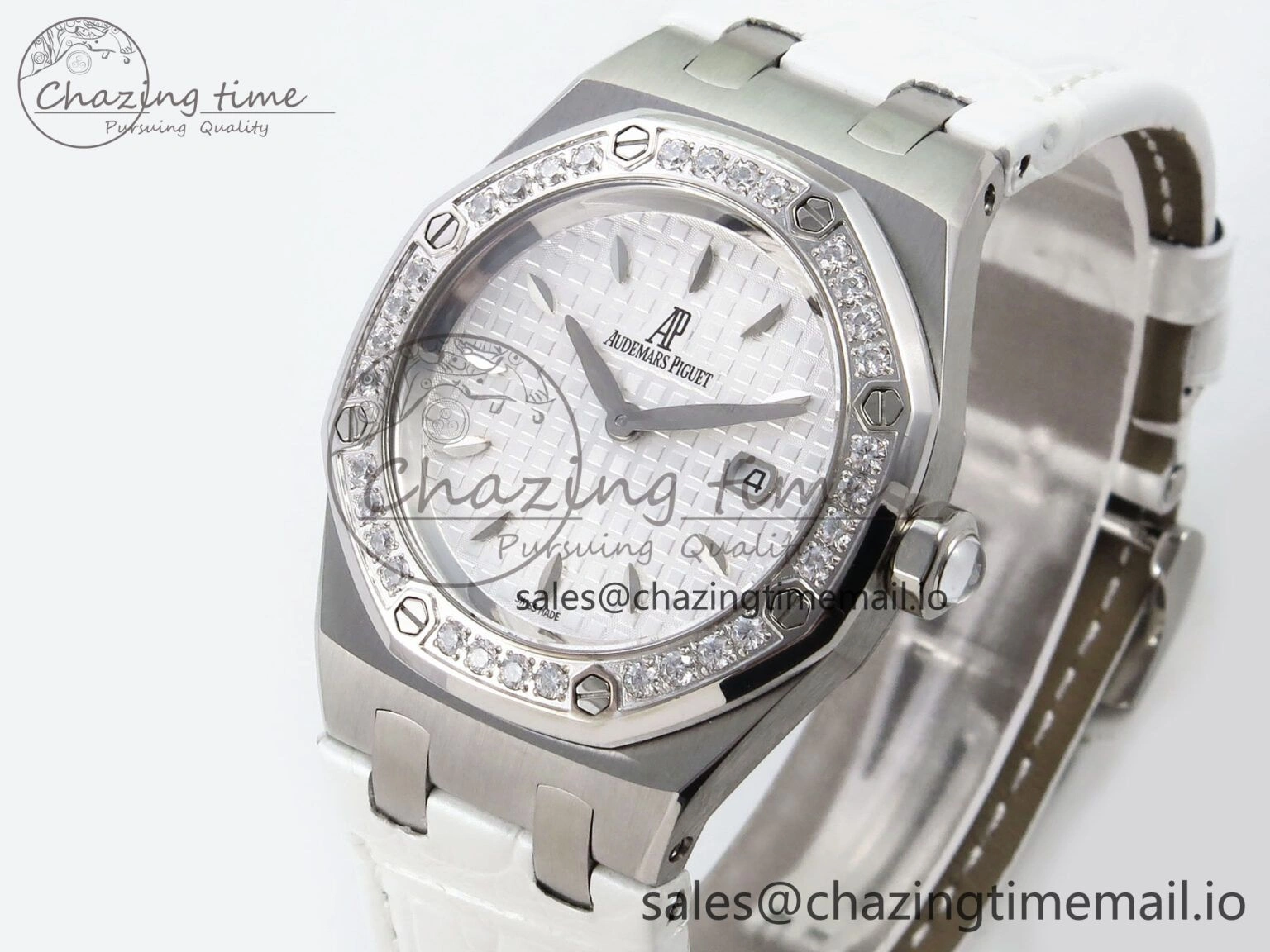 Royal Oak Offshore Ladies 33mm SS DRF Best Edition White Dial Diamonds Bezel on White Leather Strap ETA Quartz