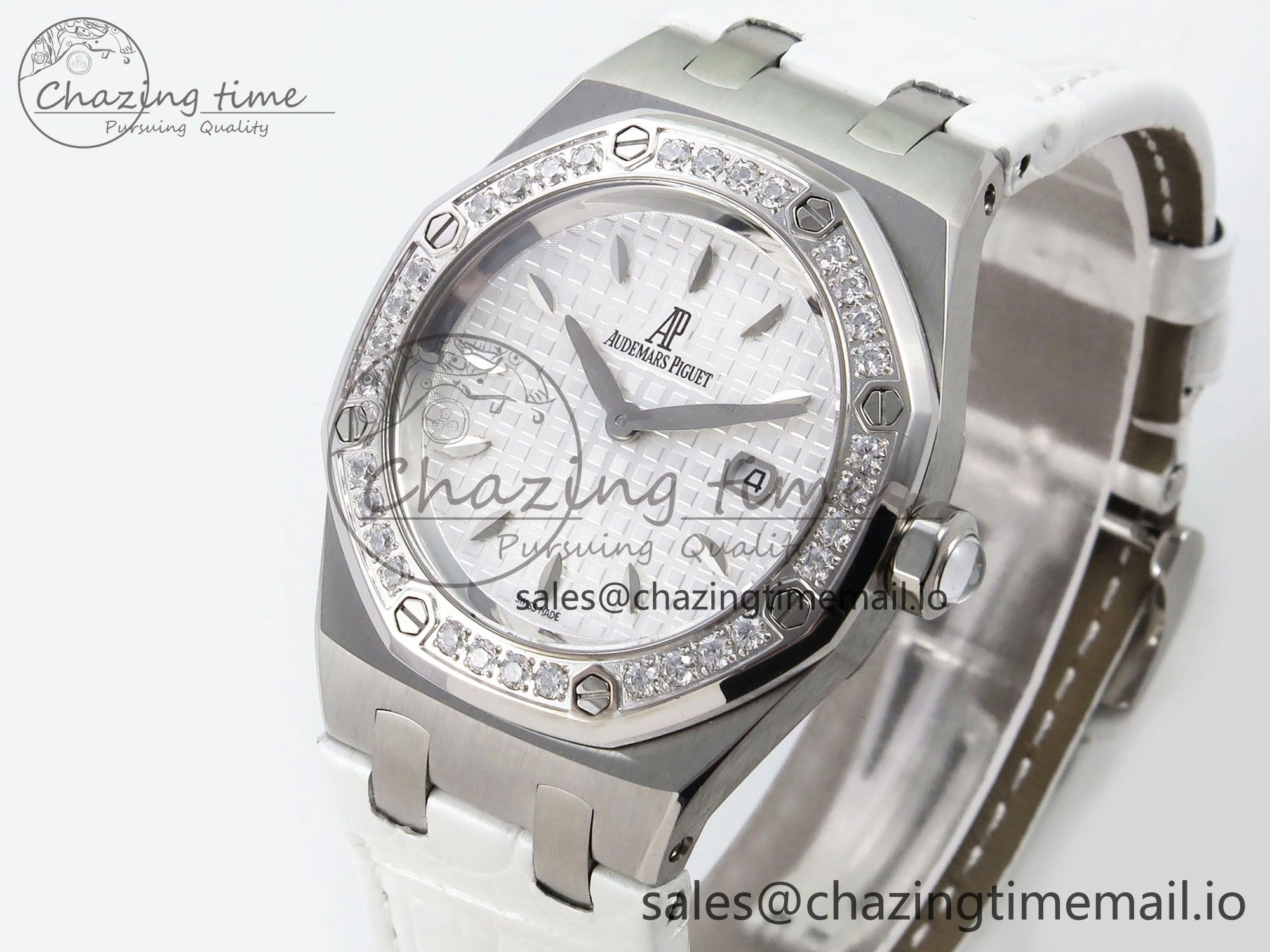 Royal Oak Offshore Ladies 33mm SS DRF Best Edition White Dial Diamonds Bezel on White Leather Strap ETA Quartz