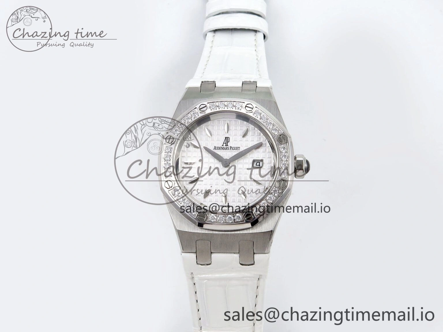 Royal Oak Offshore Ladies 33mm SS DRF Best Edition White Dial Diamonds Bezel on White Leather Strap ETA Quartz