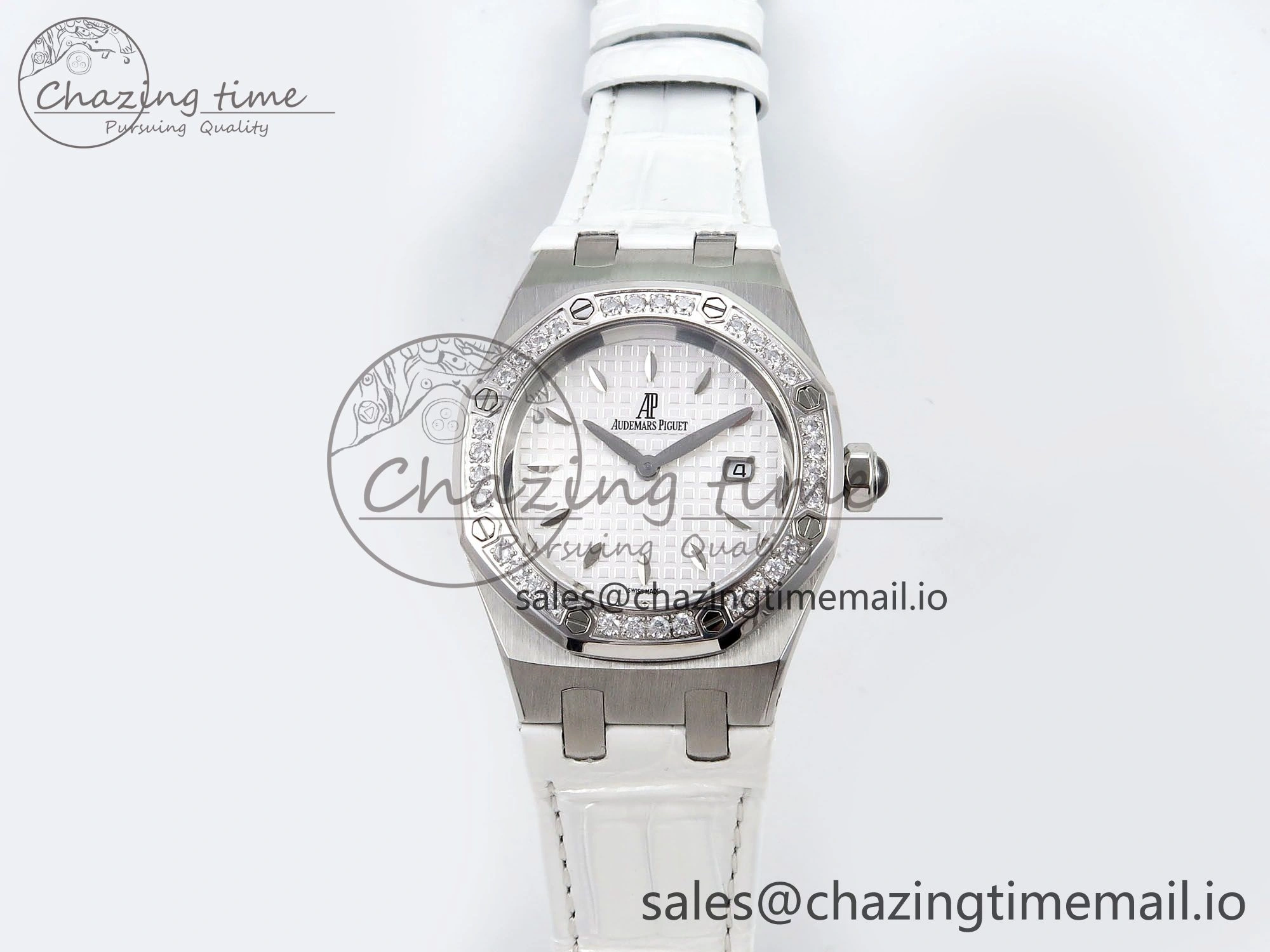 Royal Oak Offshore Ladies 33mm SS DRF Best Edition White Dial Diamonds Bezel on White Leather Strap ETA Quartz