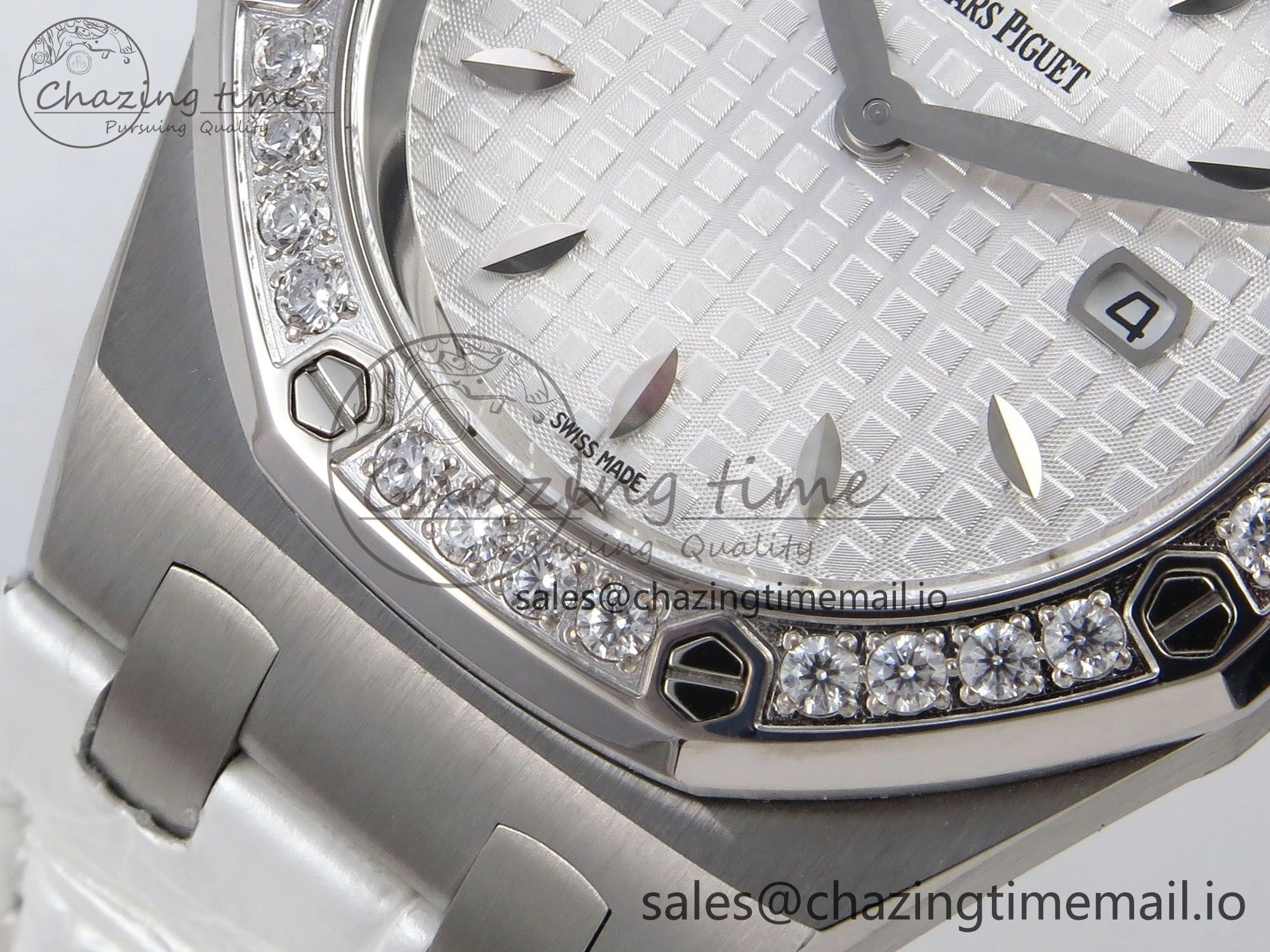 Royal Oak Offshore Ladies 33mm SS DRF Best Edition White Dial Diamonds Bezel on White Leather Strap ETA Quartz