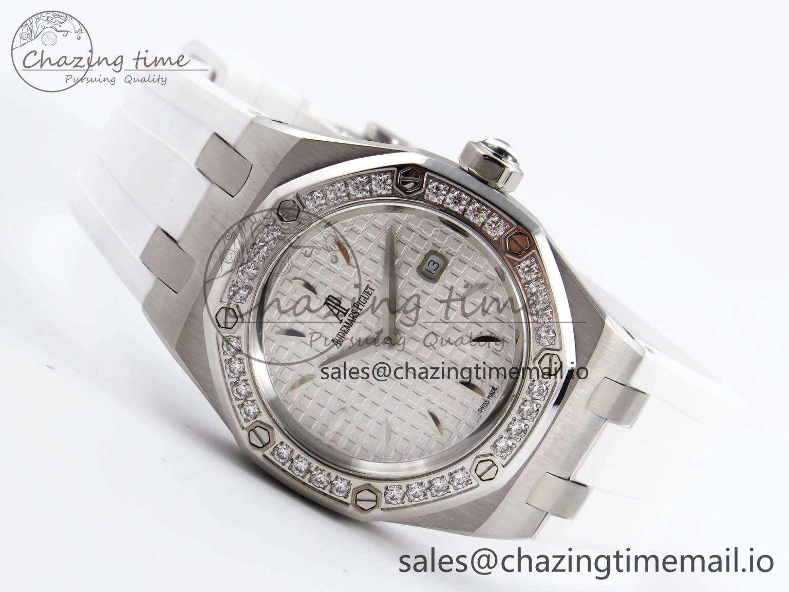 Royal Oak Offshore Ladies 33mm SS DRF Best Edition White Dial Diamonds Bezel on White Rubber Strap ETA Quartz