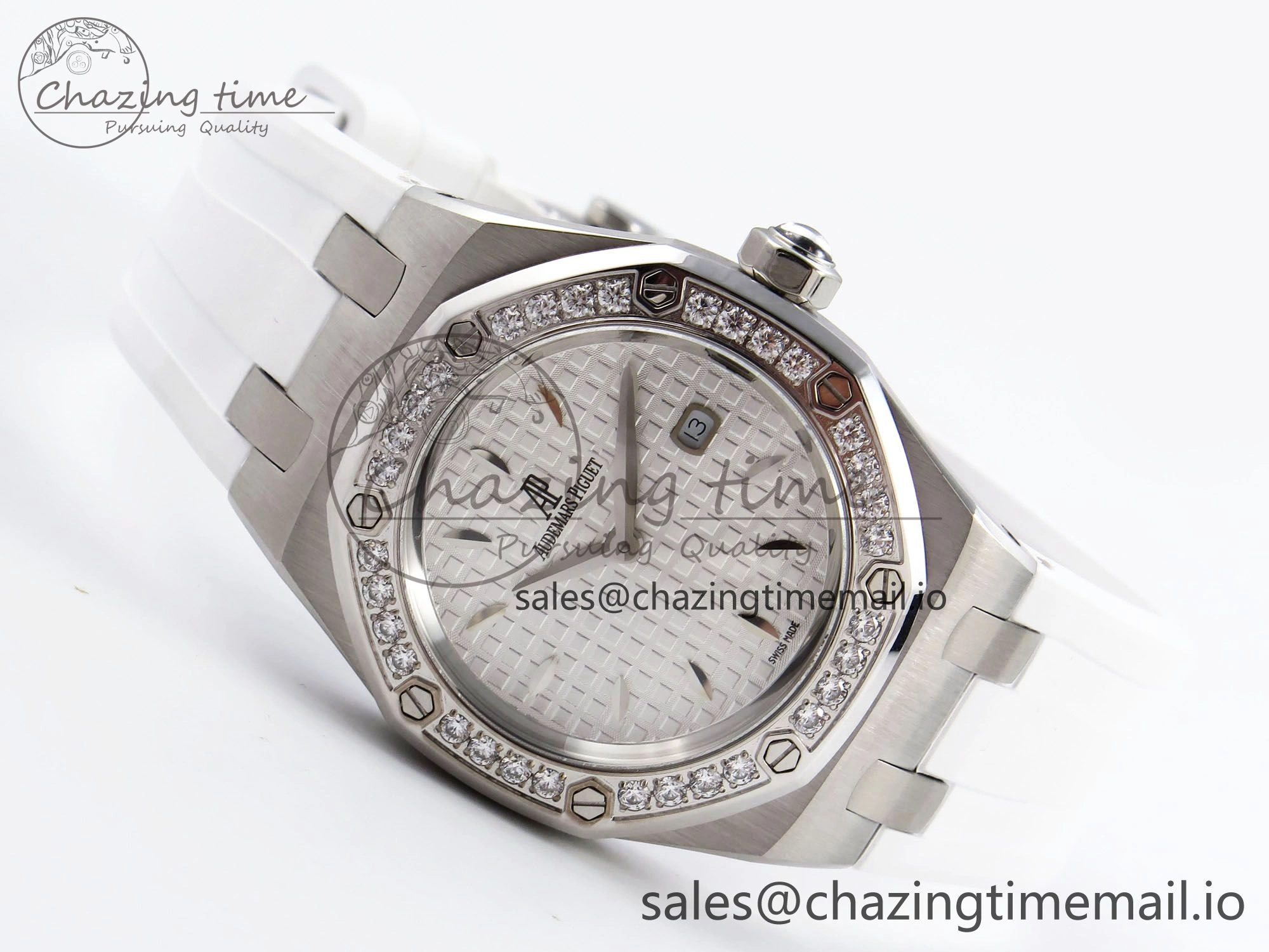 Royal Oak Offshore Ladies 33mm SS DRF Best Edition White Dial Diamonds Bezel on White Rubber Strap ETA Quartz