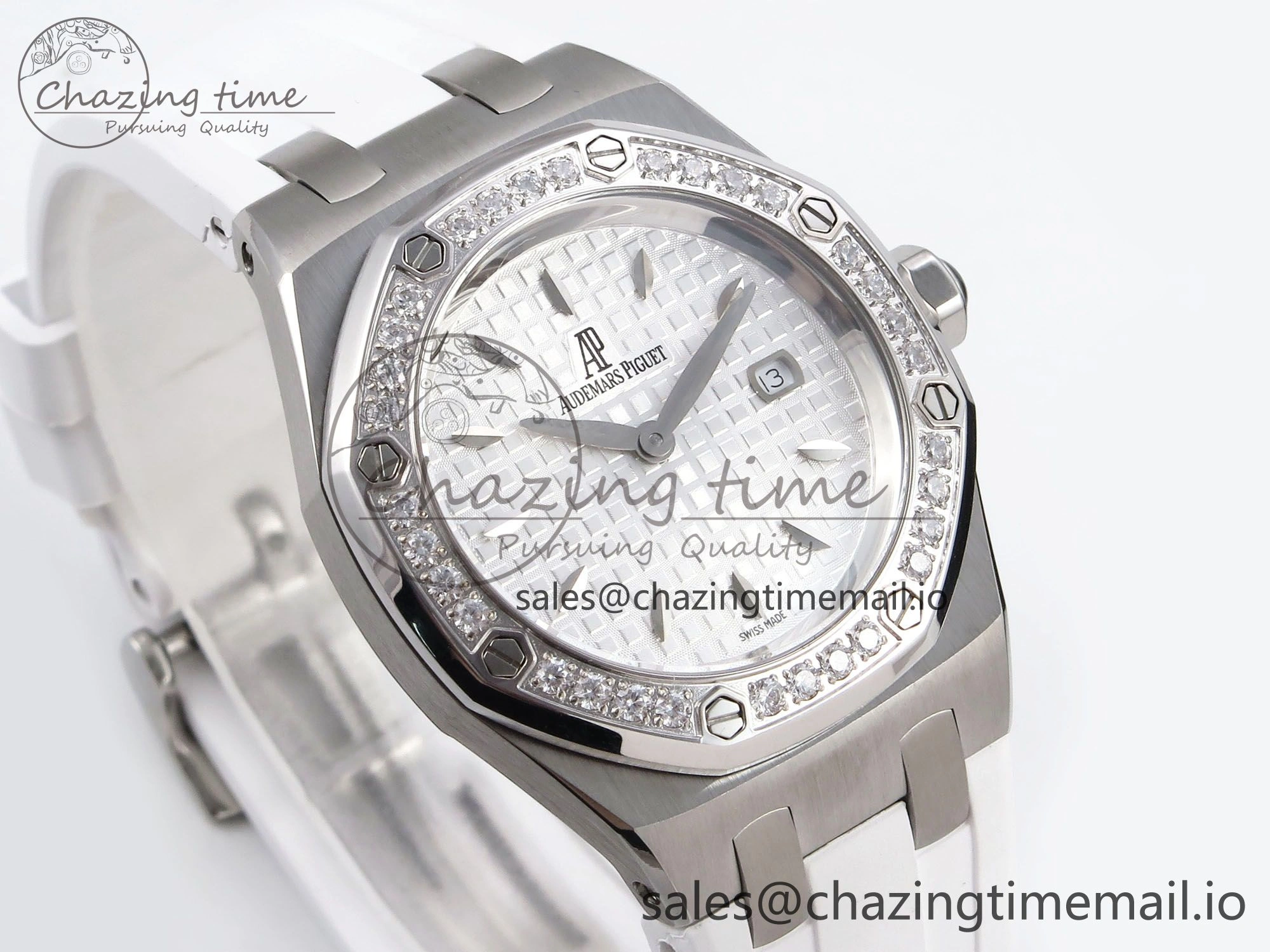 Royal Oak Offshore Ladies 33mm SS DRF Best Edition White Dial Diamonds Bezel on White Rubber Strap ETA Quartz