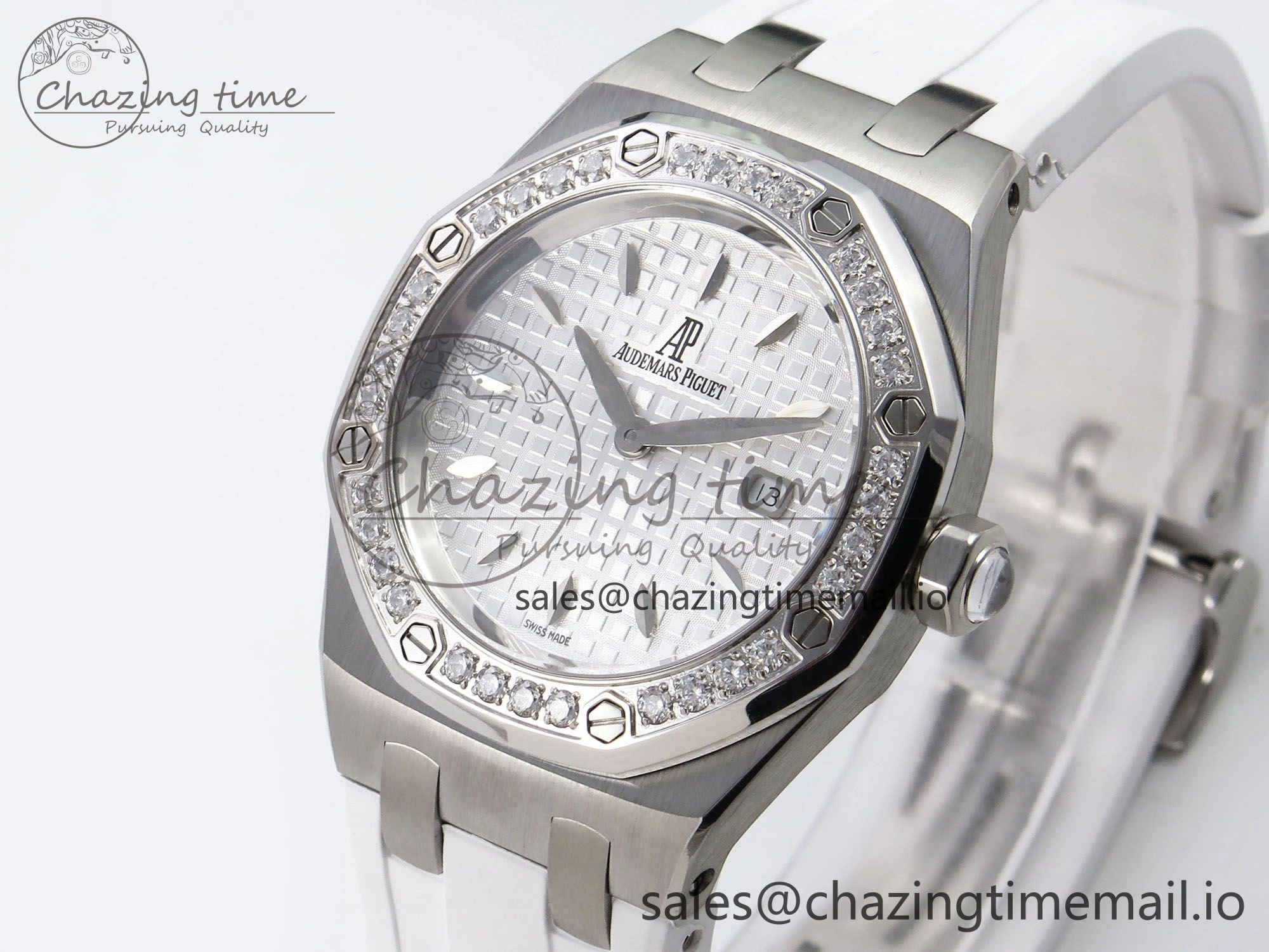 Royal Oak Offshore Ladies 33mm SS DRF Best Edition White Dial Diamonds Bezel on White Rubber Strap ETA Quartz