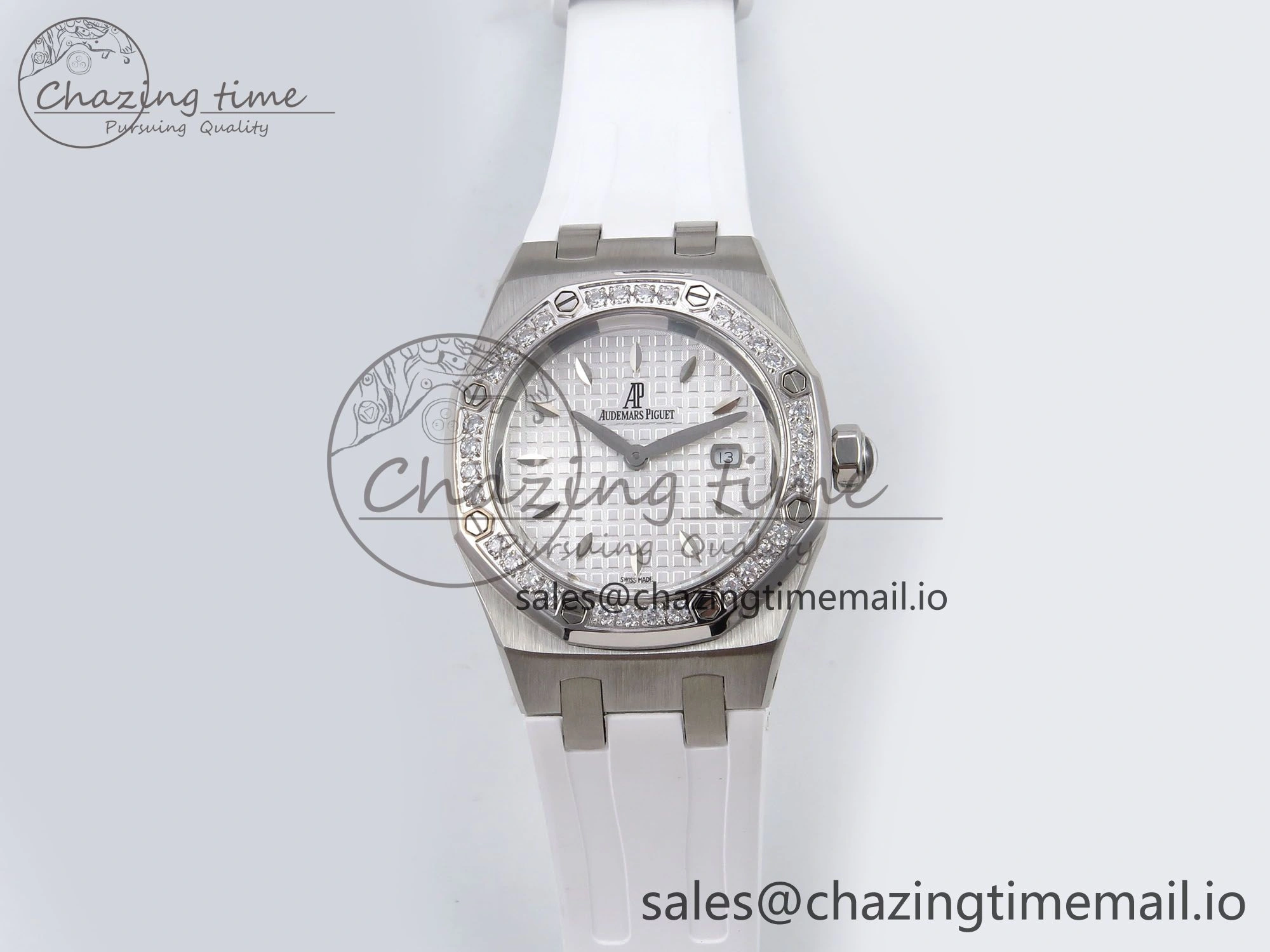 Royal Oak Offshore Ladies 33mm SS DRF Best Edition White Dial Diamonds Bezel on White Rubber Strap ETA Quartz
