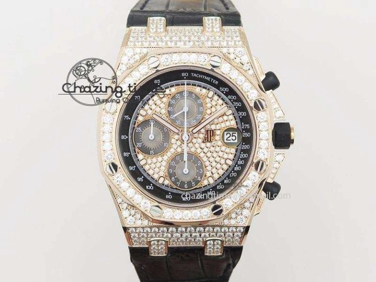 Royal Oak Offshore RG Full Paved Diamonds JF Best Edition on Black Leather Strap A7750