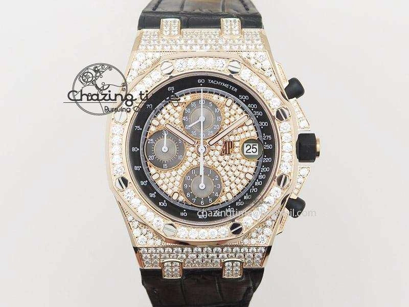 Royal Oak Offshore RG Full Paved Diamonds JF Best Edition on Black Leather Strap A7750