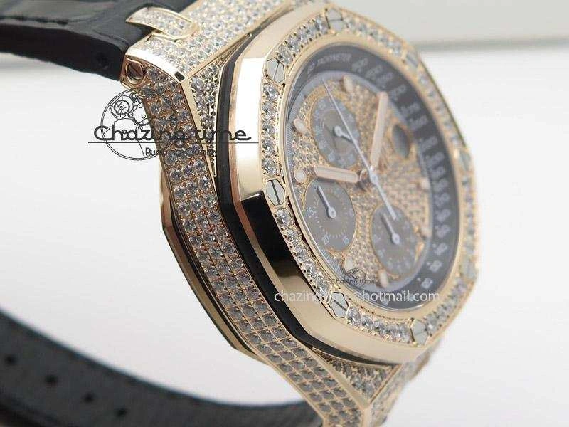 Royal Oak Offshore RG Full Paved Diamonds JF Best Edition on Black Leather Strap A7750
