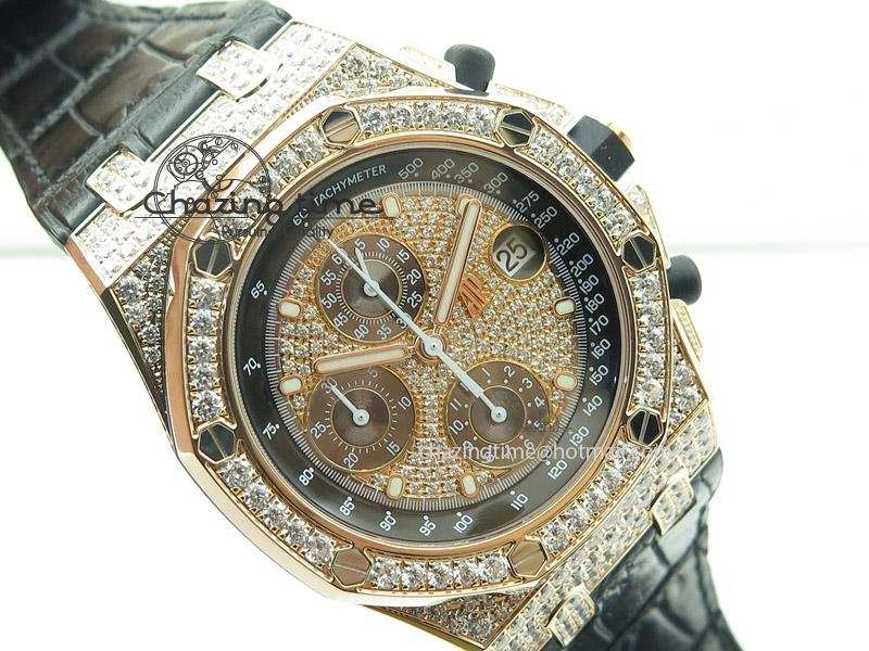 Royal Oak Offshore RG Full Paved Diamonds JF Best Edition on Black Leather Strap A7750
