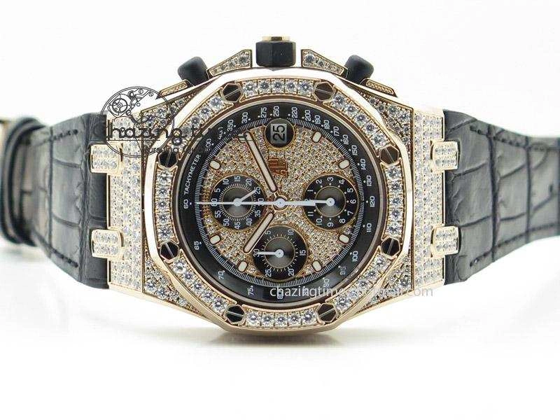 Royal Oak Offshore RG Full Paved Diamonds JF Best Edition on Black Leather Strap A7750