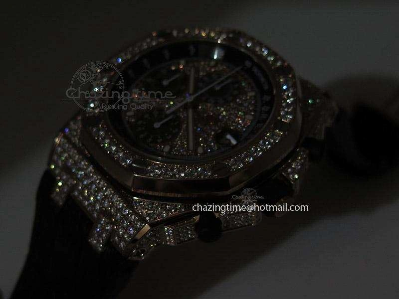Royal Oak Offshore RG Full Paved Diamonds JF Best Edition on Black Leather Strap A7750