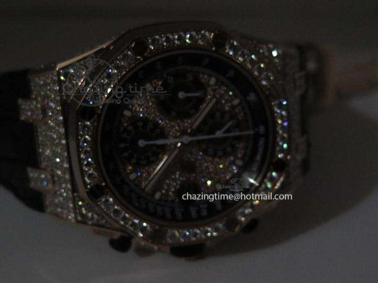 Royal Oak Offshore RG Full Paved Diamonds JF Best Edition on Black Leather Strap A7750