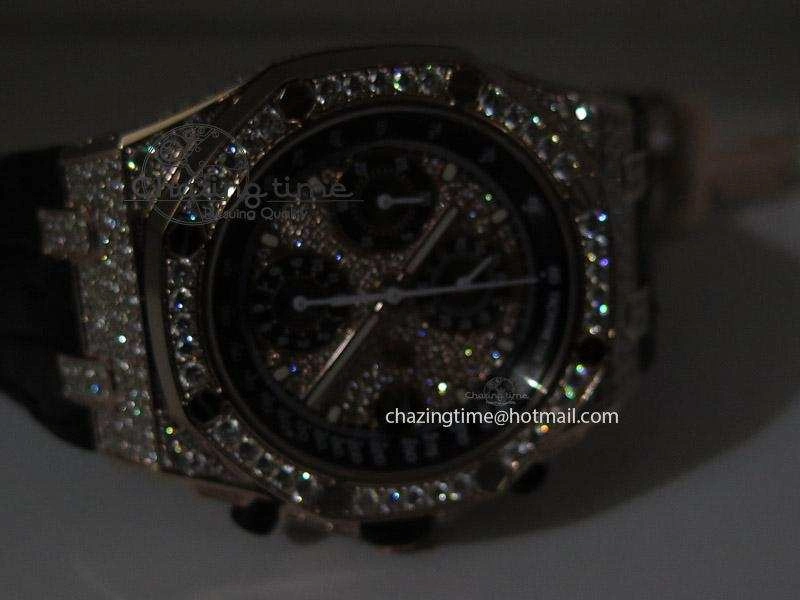 Royal Oak Offshore RG Full Paved Diamonds JF Best Edition on Black Leather Strap A7750