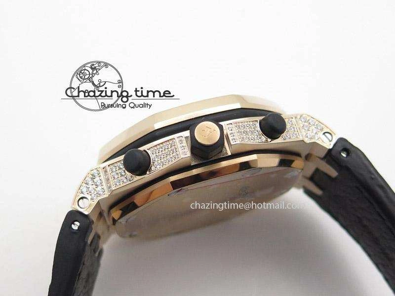 Royal Oak Offshore RG Full Paved Diamonds JF Best Edition on Black Leather Strap A7750