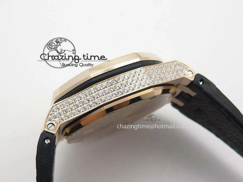 Royal Oak Offshore RG Full Paved Diamonds JF Best Edition on Black Leather Strap A7750
