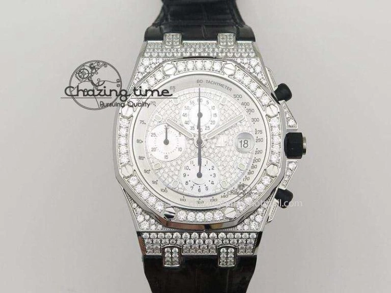Royal Oak Offshore SS Full Paved Diamonds JF Best Edition on Black Leather Strap A7750