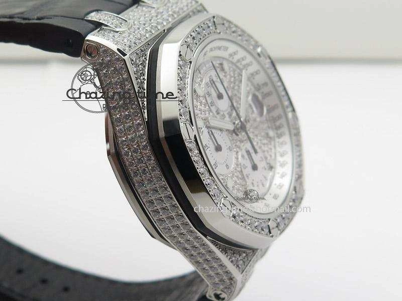 Royal Oak Offshore SS Full Paved Diamonds JF Best Edition on Black Leather Strap A7750
