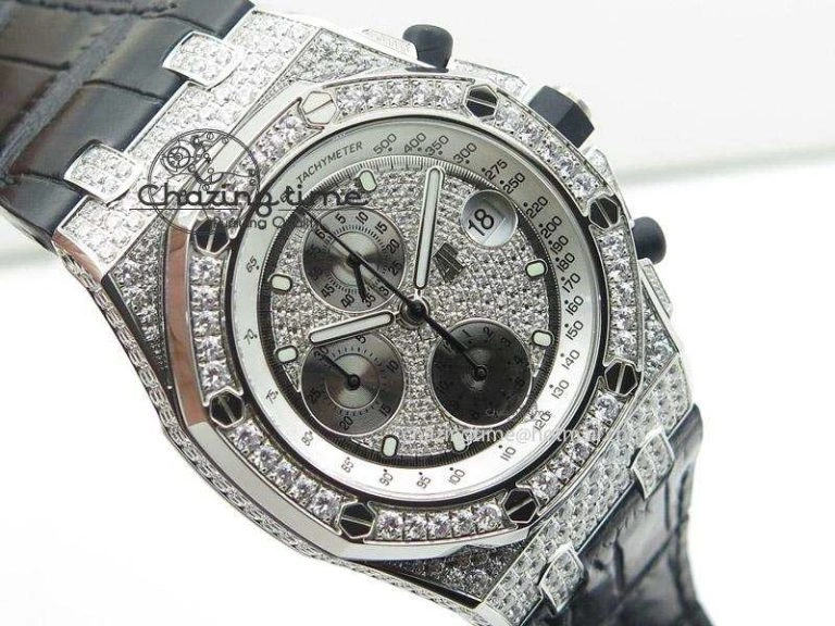 Royal Oak Offshore SS Full Paved Diamonds JF Best Edition on Black Leather Strap A7750